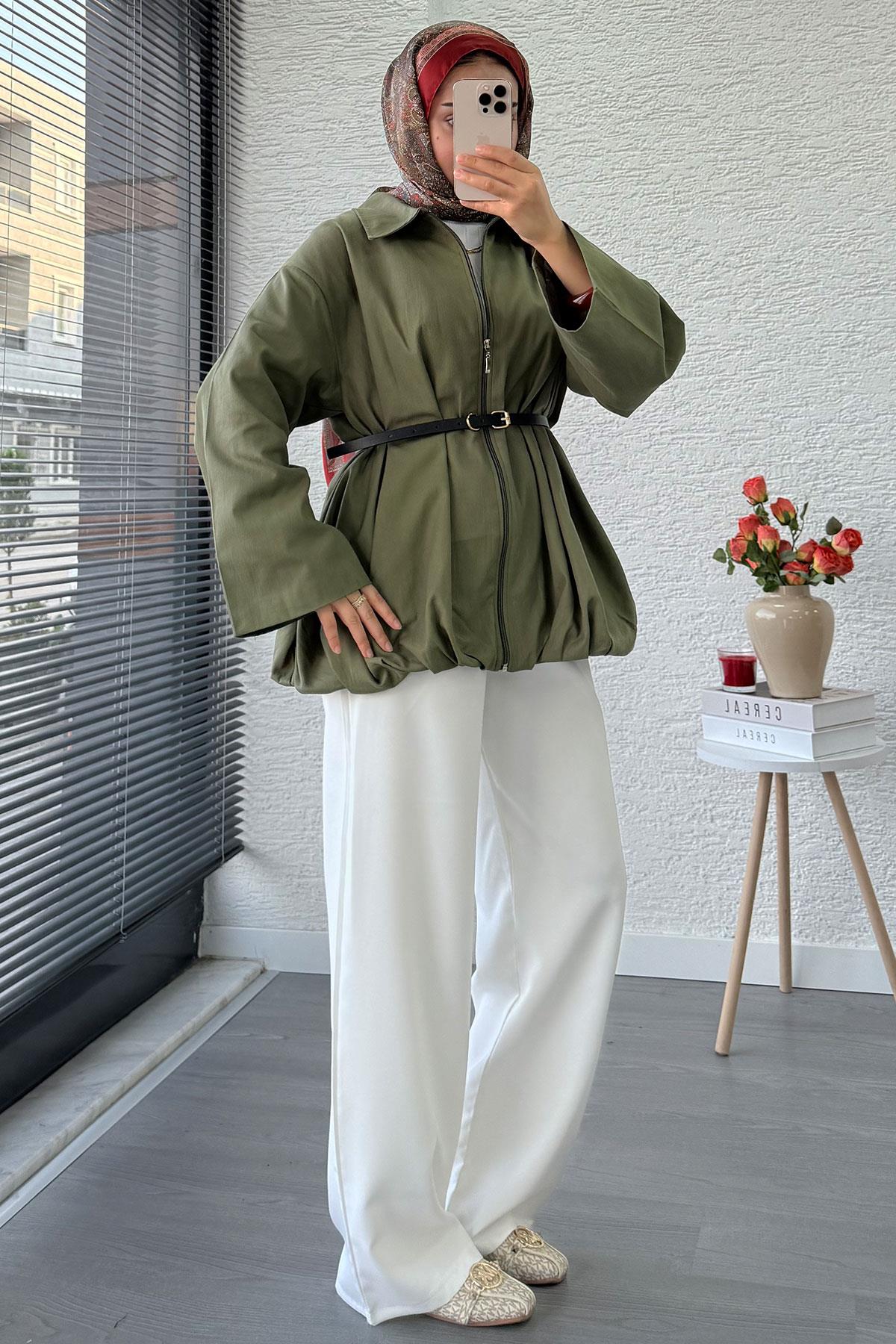 Kemerli Gabardin Kadın Bomber Ceket – Haki
