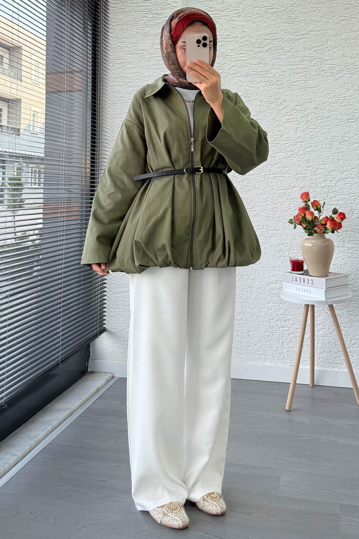 Kemerli Gabardin Kadın Bomber Ceket – Haki
