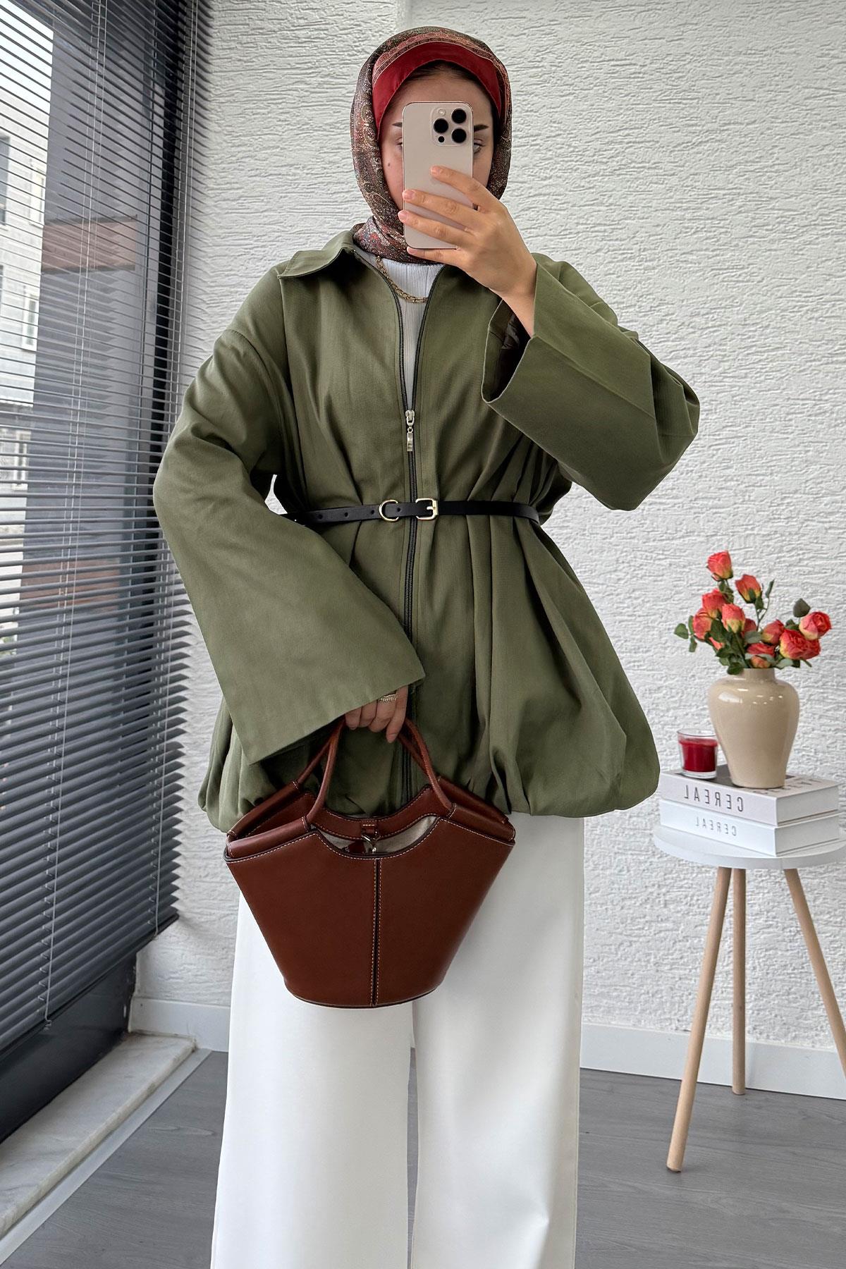 Kemerli Gabardin Kadın Bomber Ceket – Haki