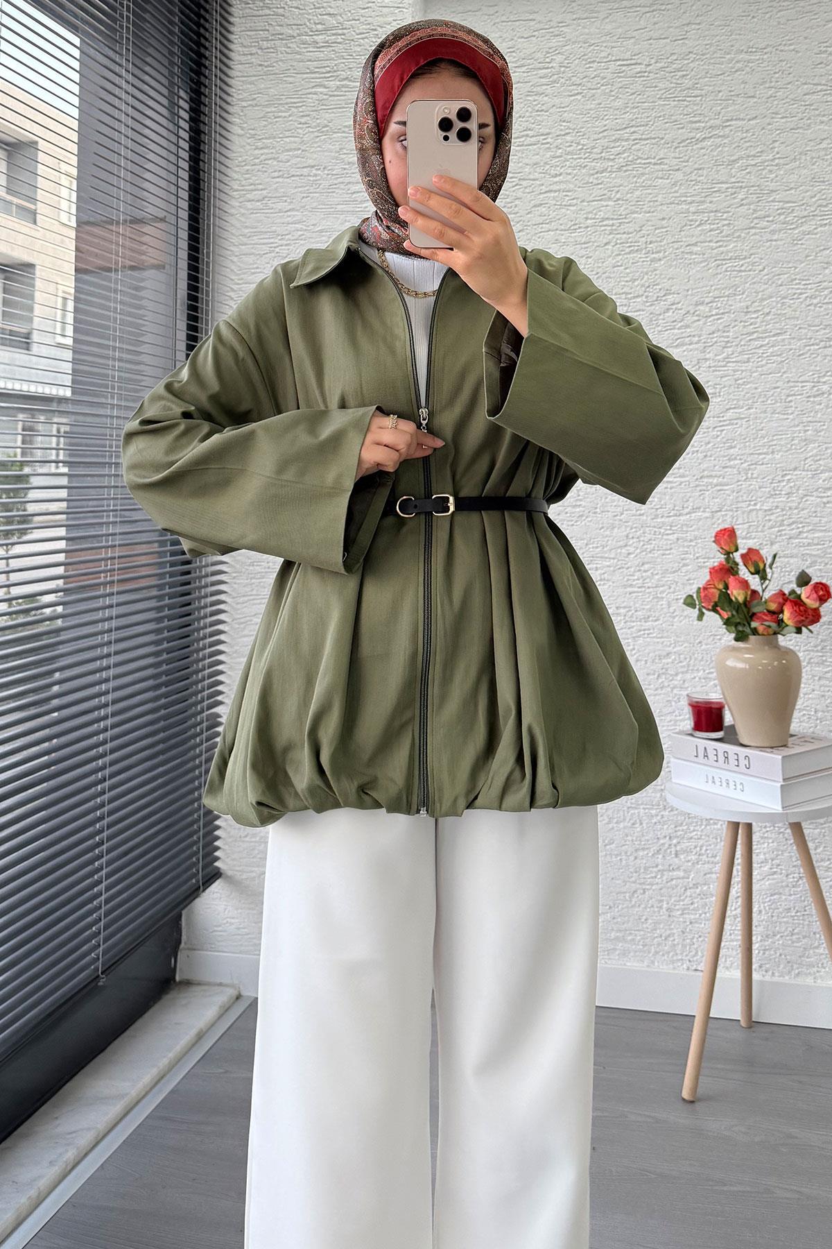 Kemerli Gabardin Kadın Bomber Ceket – Haki