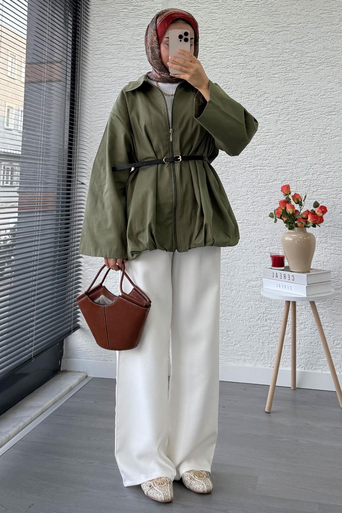 Kemerli Gabardin Kadın Bomber Ceket – Haki