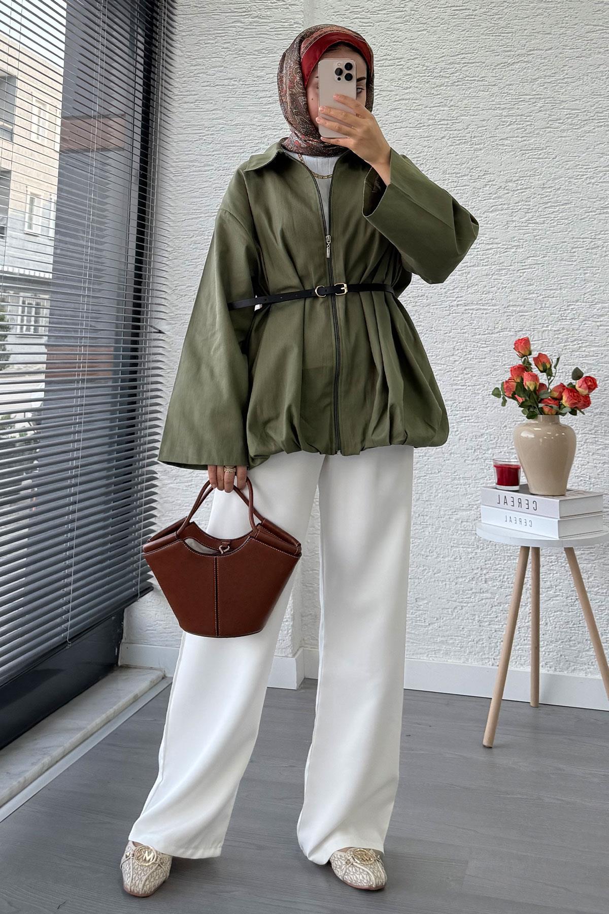 Kemerli Gabardin Kadın Bomber Ceket – Haki