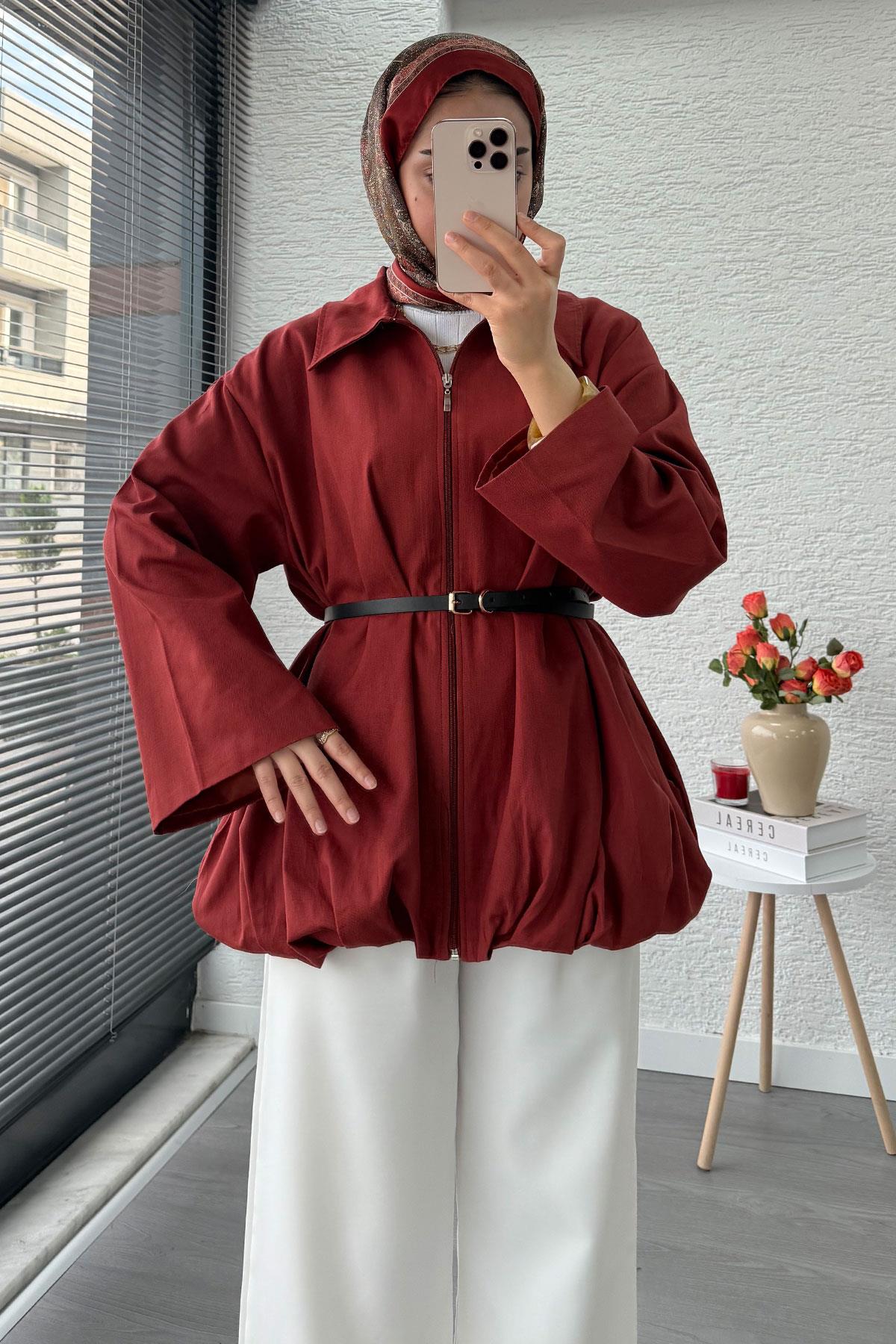 Kemerli Gabardin Kadın Bomber Ceket – Kiremit