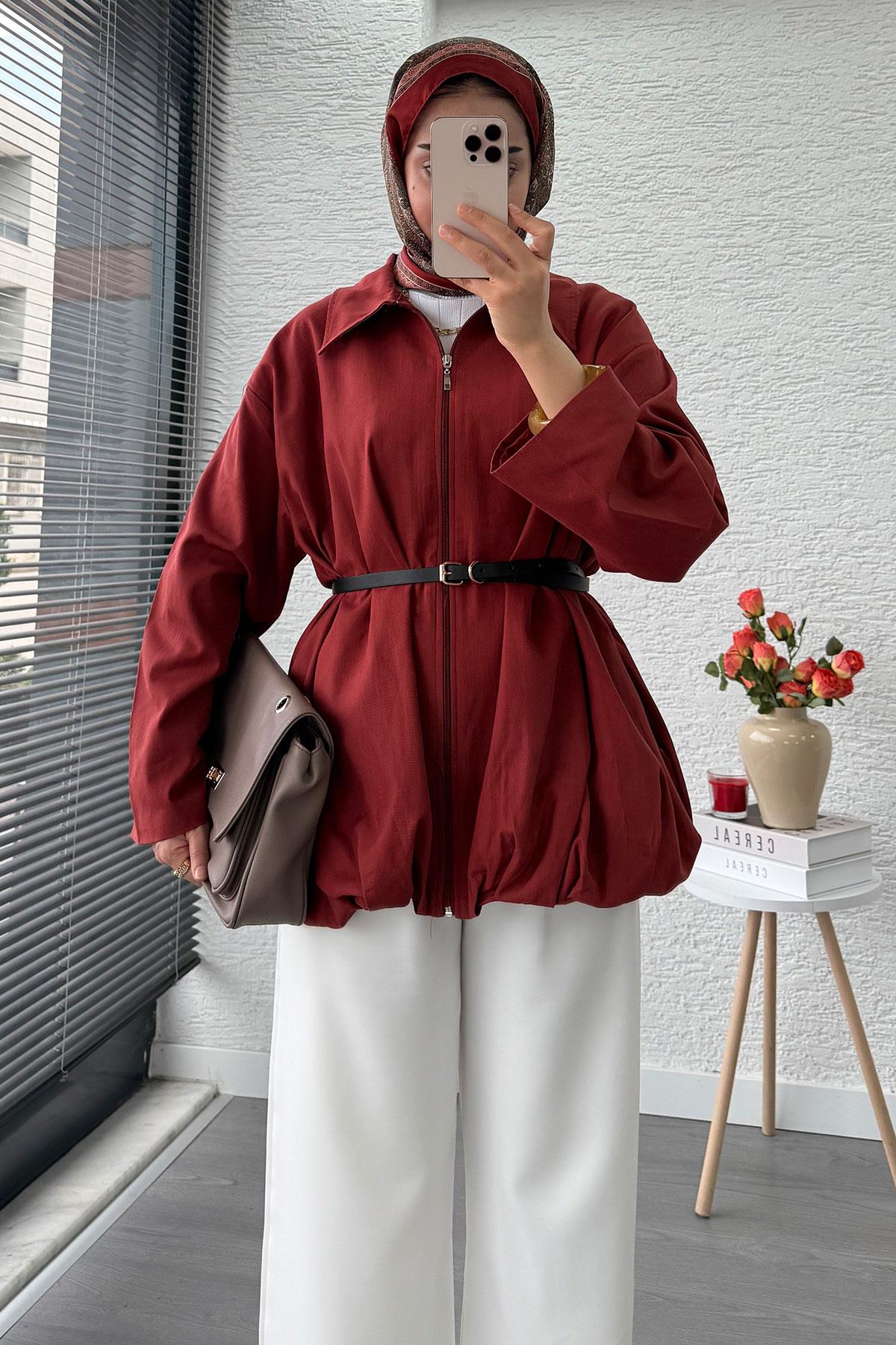 Kemerli Gabardin Kadın Bomber Ceket – Kiremit