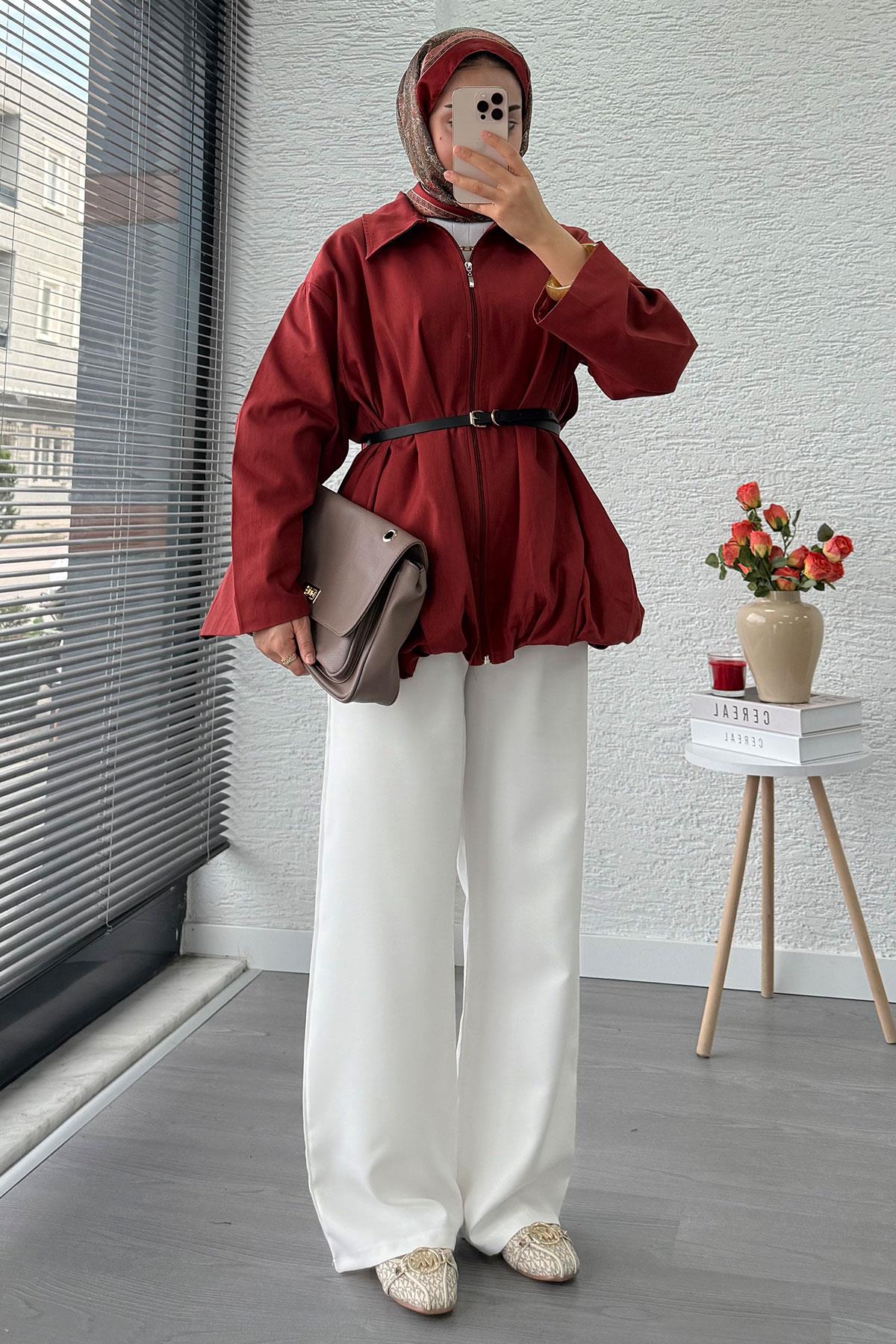 Kemerli Gabardin Kadın Bomber Ceket – Kiremit