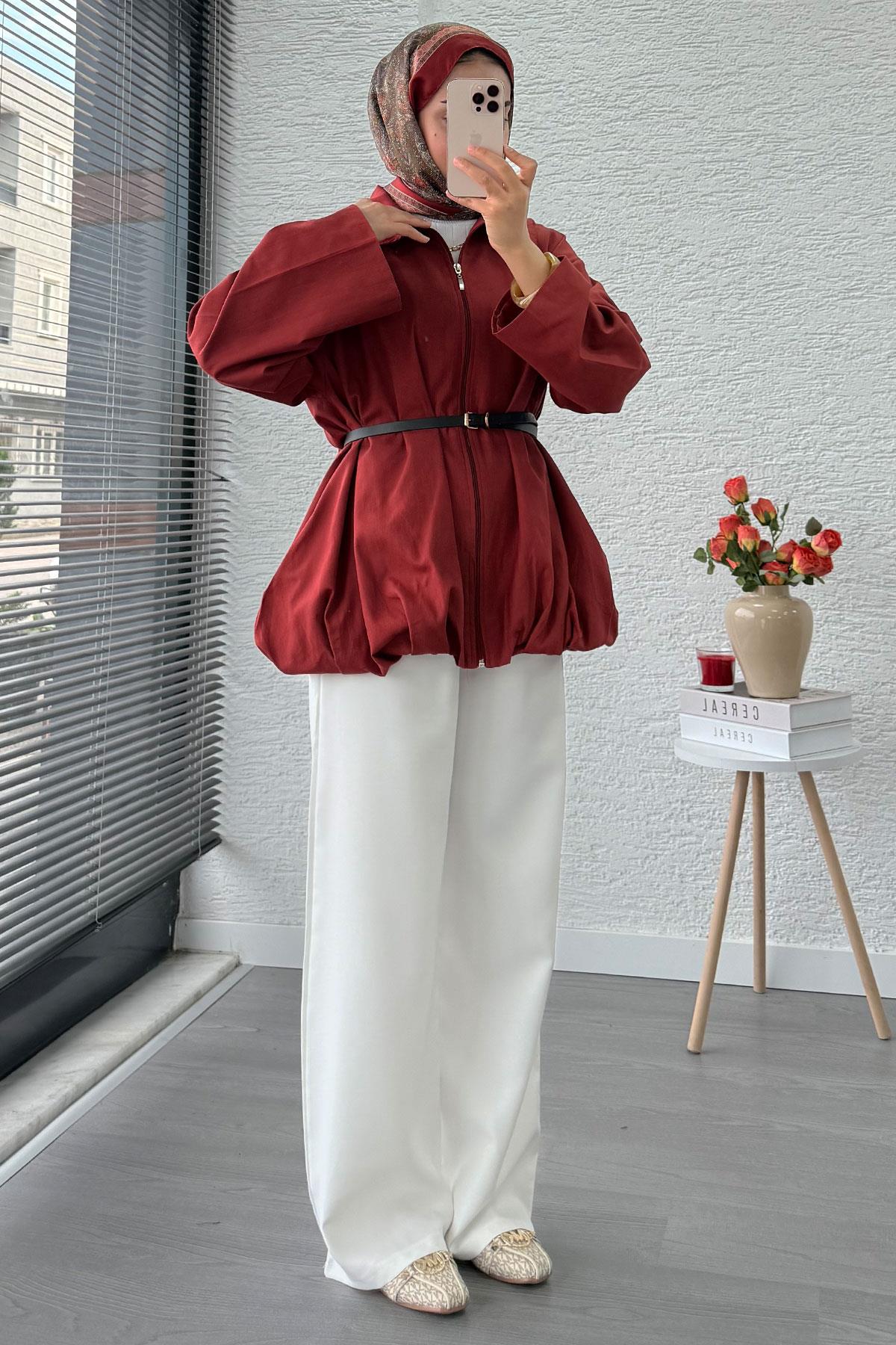 Kemerli Gabardin Kadın Bomber Ceket – Kiremit