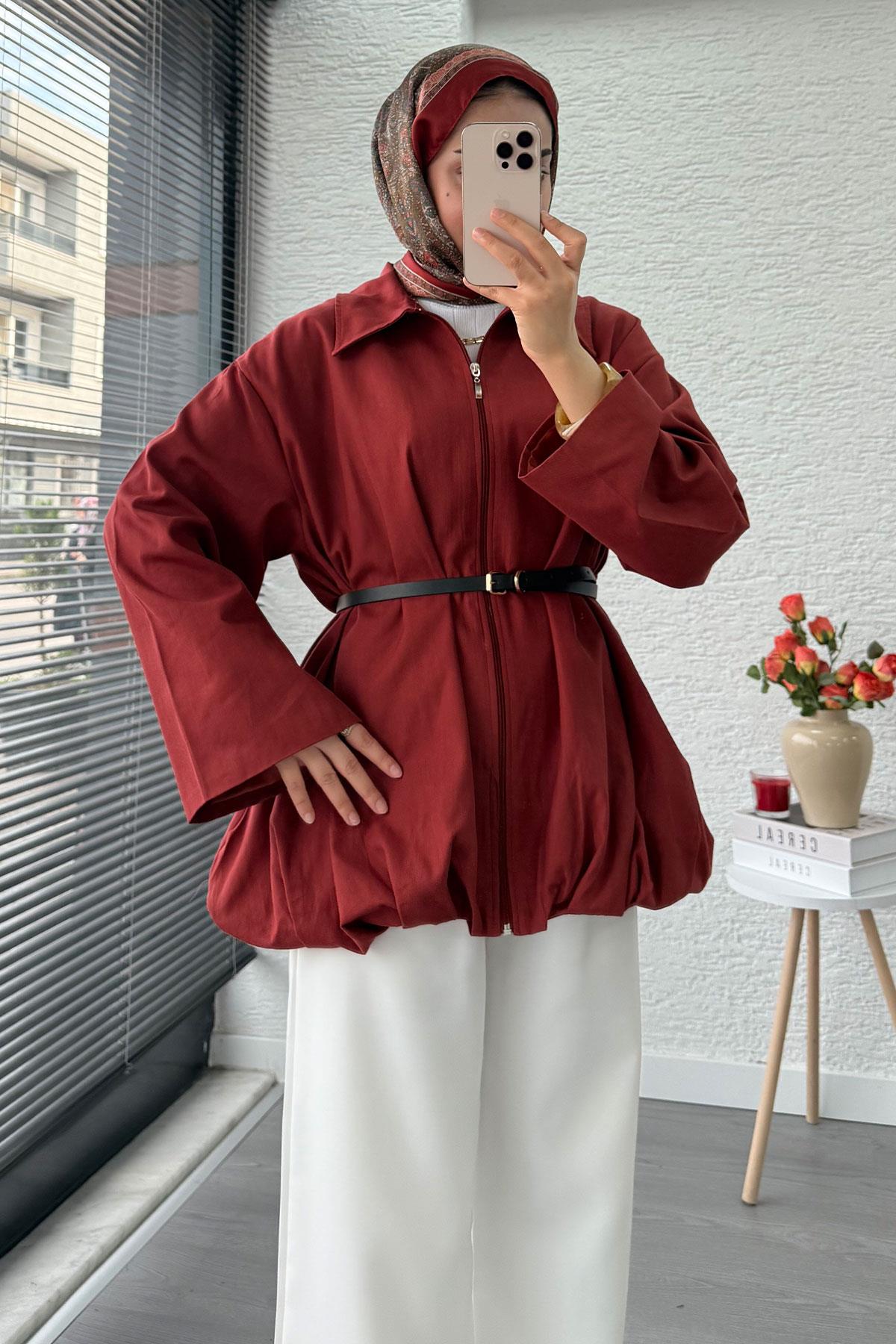 Kemerli Gabardin Kadın Bomber Ceket – Kiremit