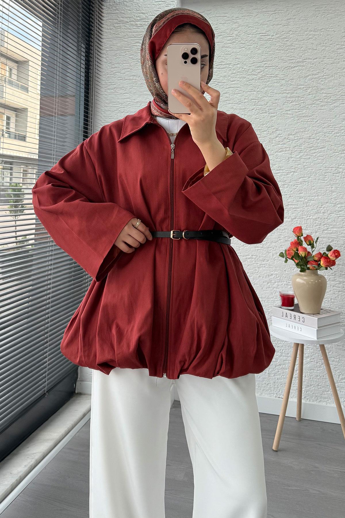 Kemerli Gabardin Kadın Bomber Ceket – Kiremit