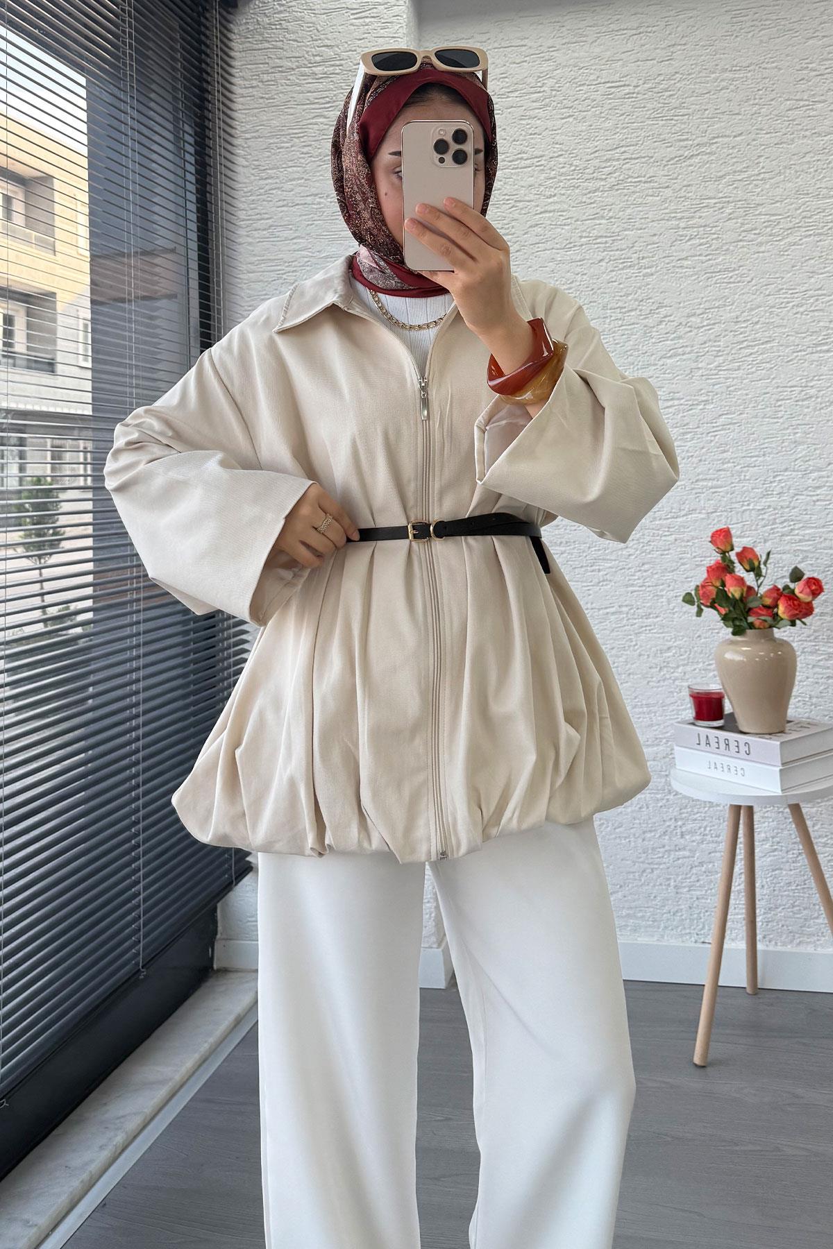 Kemerli Gabardin Kadın Bomber Ceket – Taş