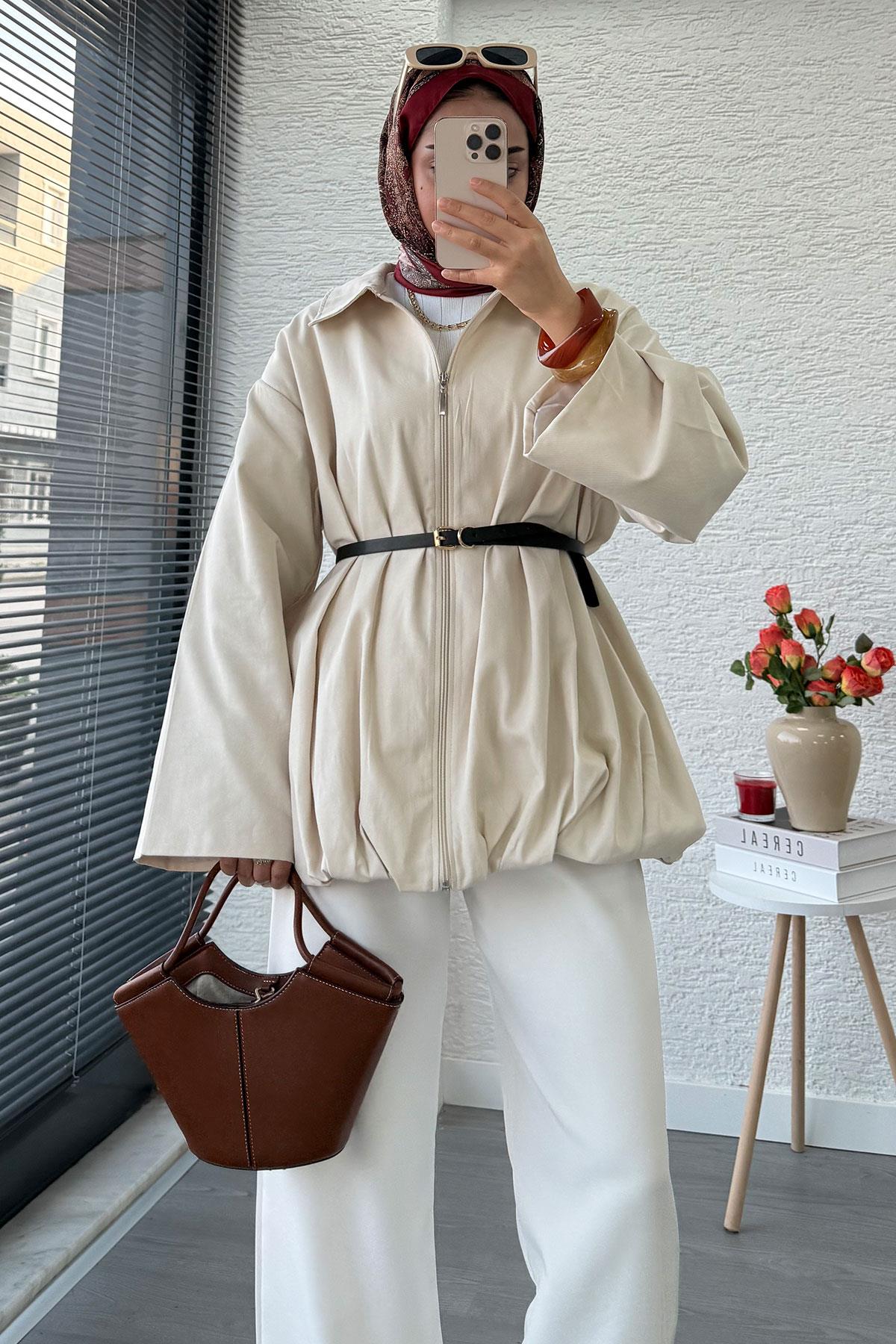 Kemerli Gabardin Kadın Bomber Ceket – Taş