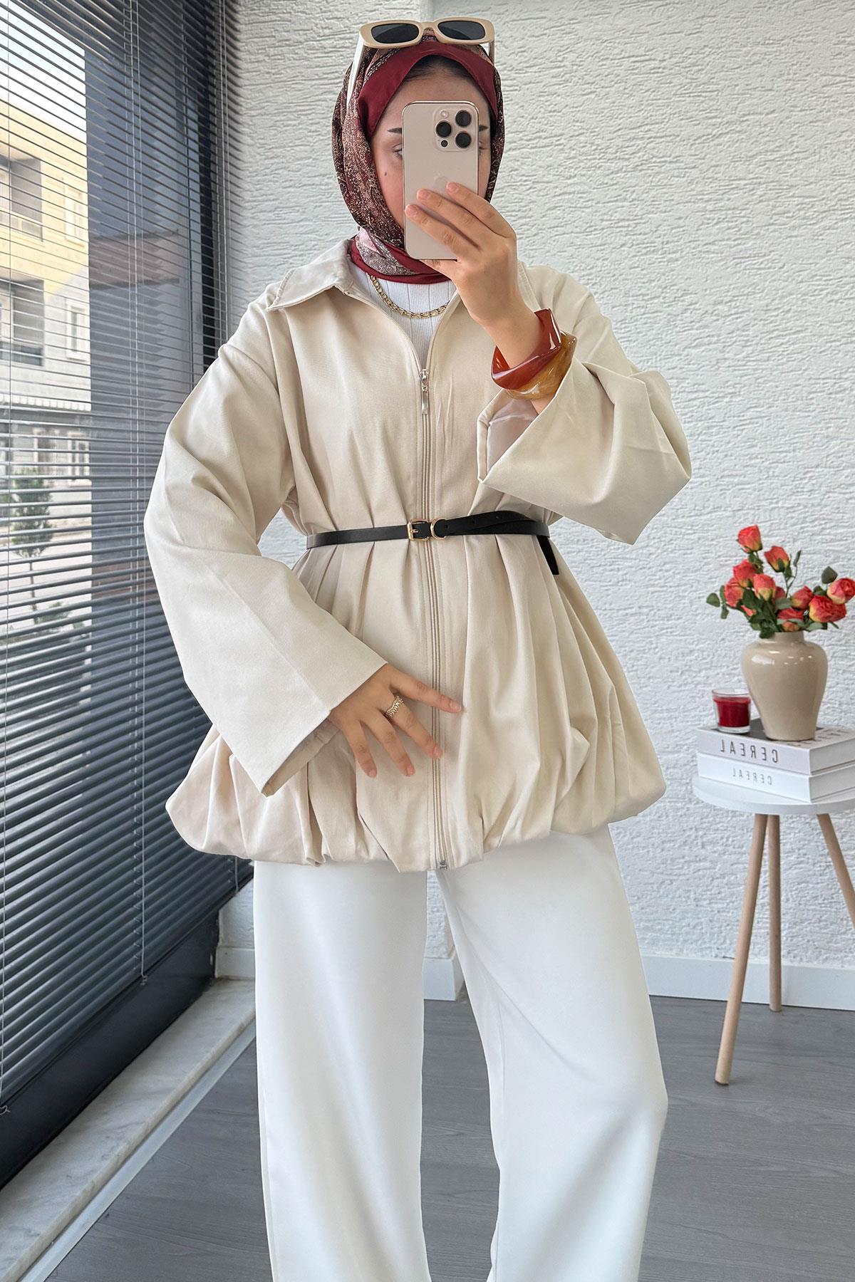Kemerli Gabardin Kadın Bomber Ceket – Taş