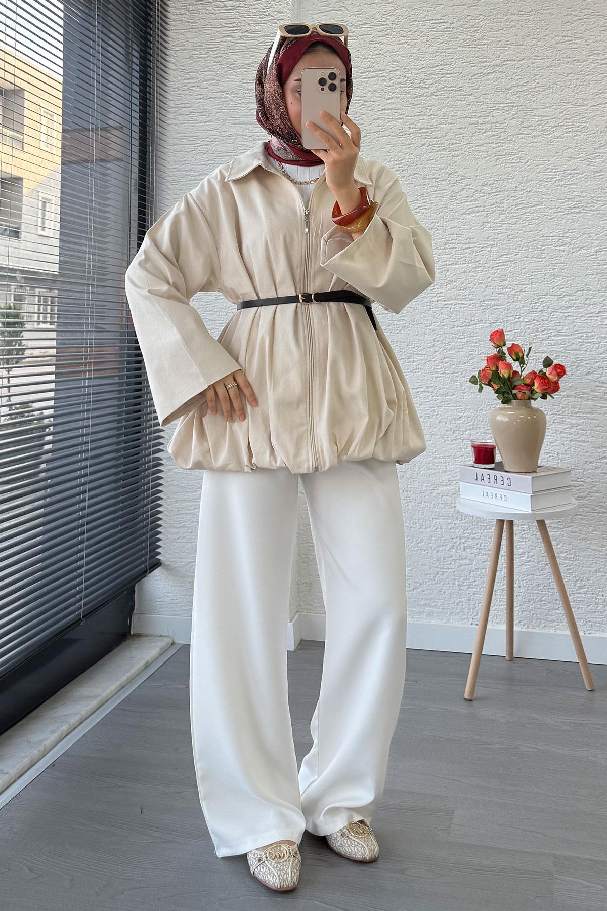 Kemerli Gabardin Kadın Bomber Ceket – Taş