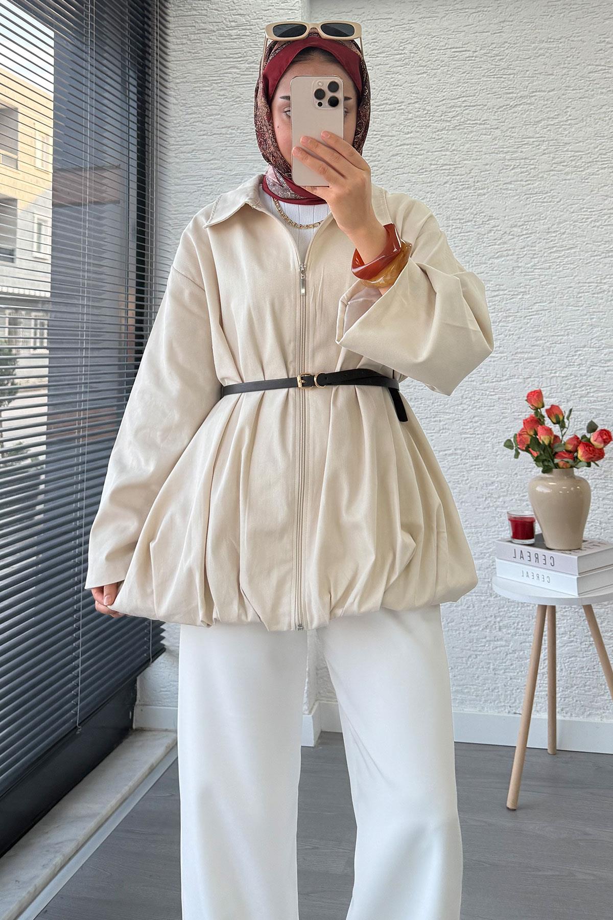 Kemerli Gabardin Kadın Bomber Ceket – Taş