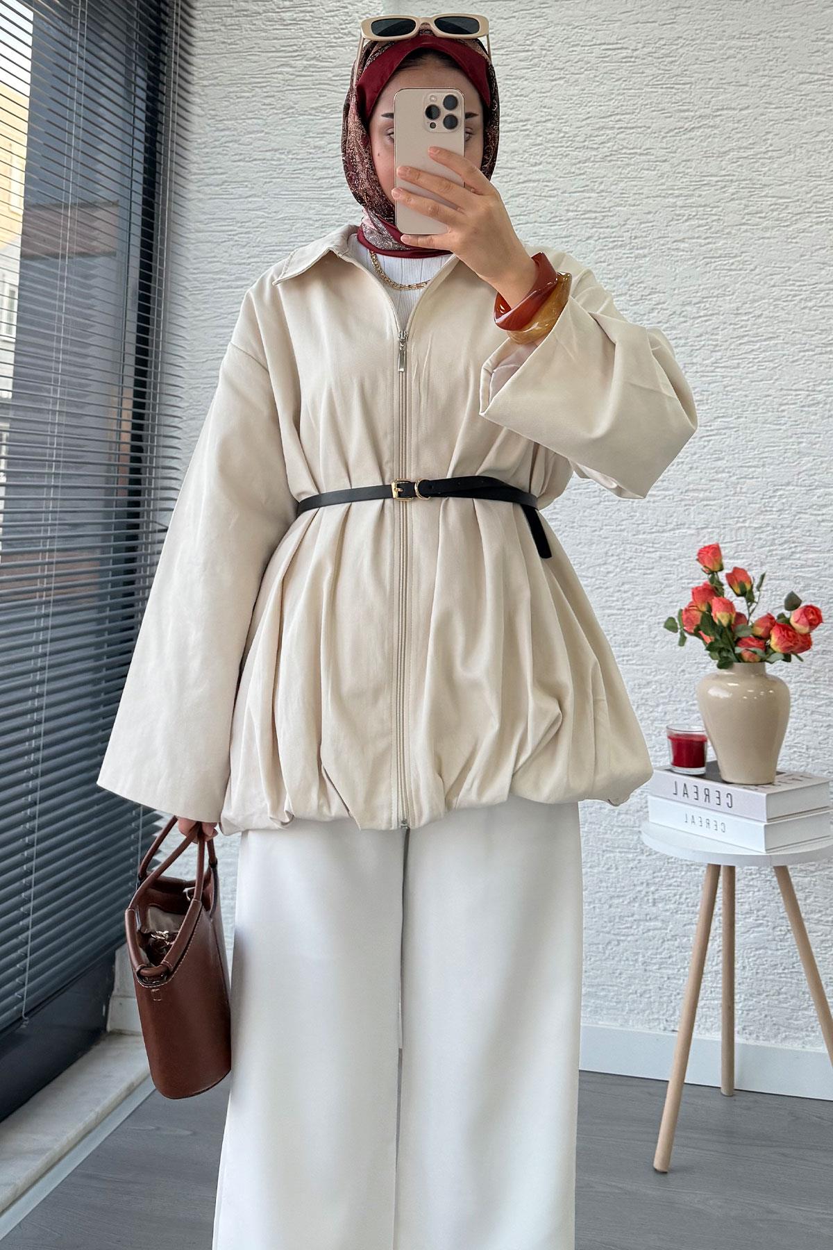 Kemerli Gabardin Kadın Bomber Ceket – Taş