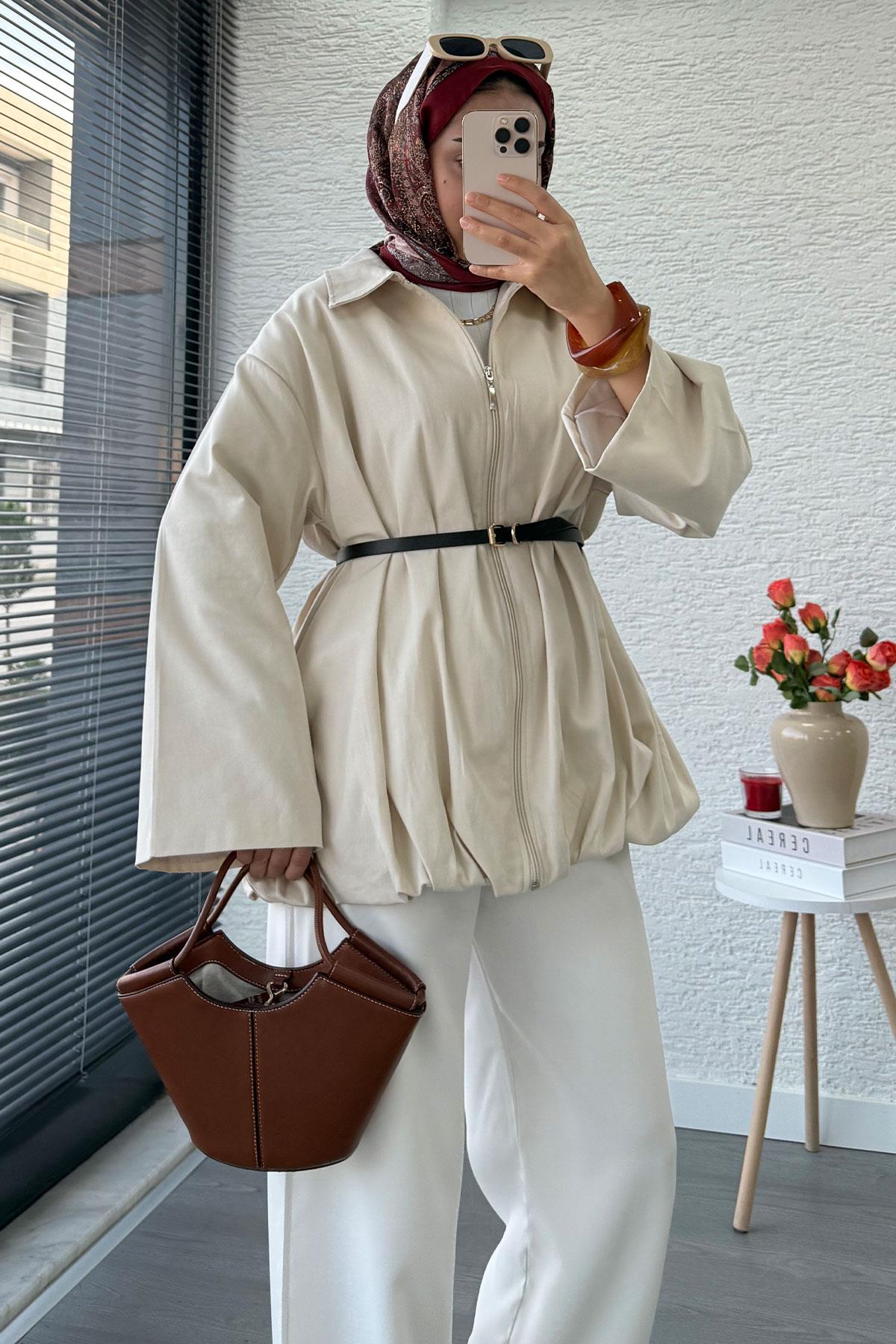 Kemerli Gabardin Kadın Bomber Ceket – Taş