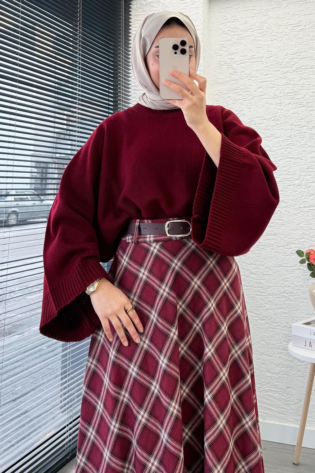 Kemerli Yandan Fermuarlı Ekose Desen Etek - Bordo