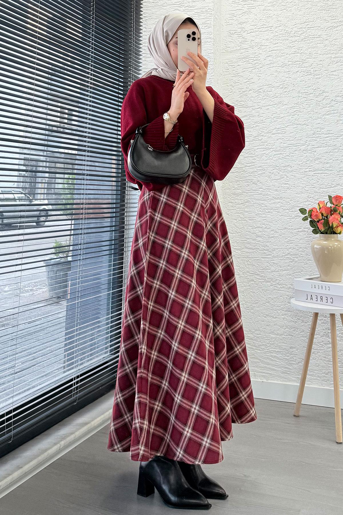 Kemerli Yandan Fermuarlı Ekose Desen Etek - Bordo