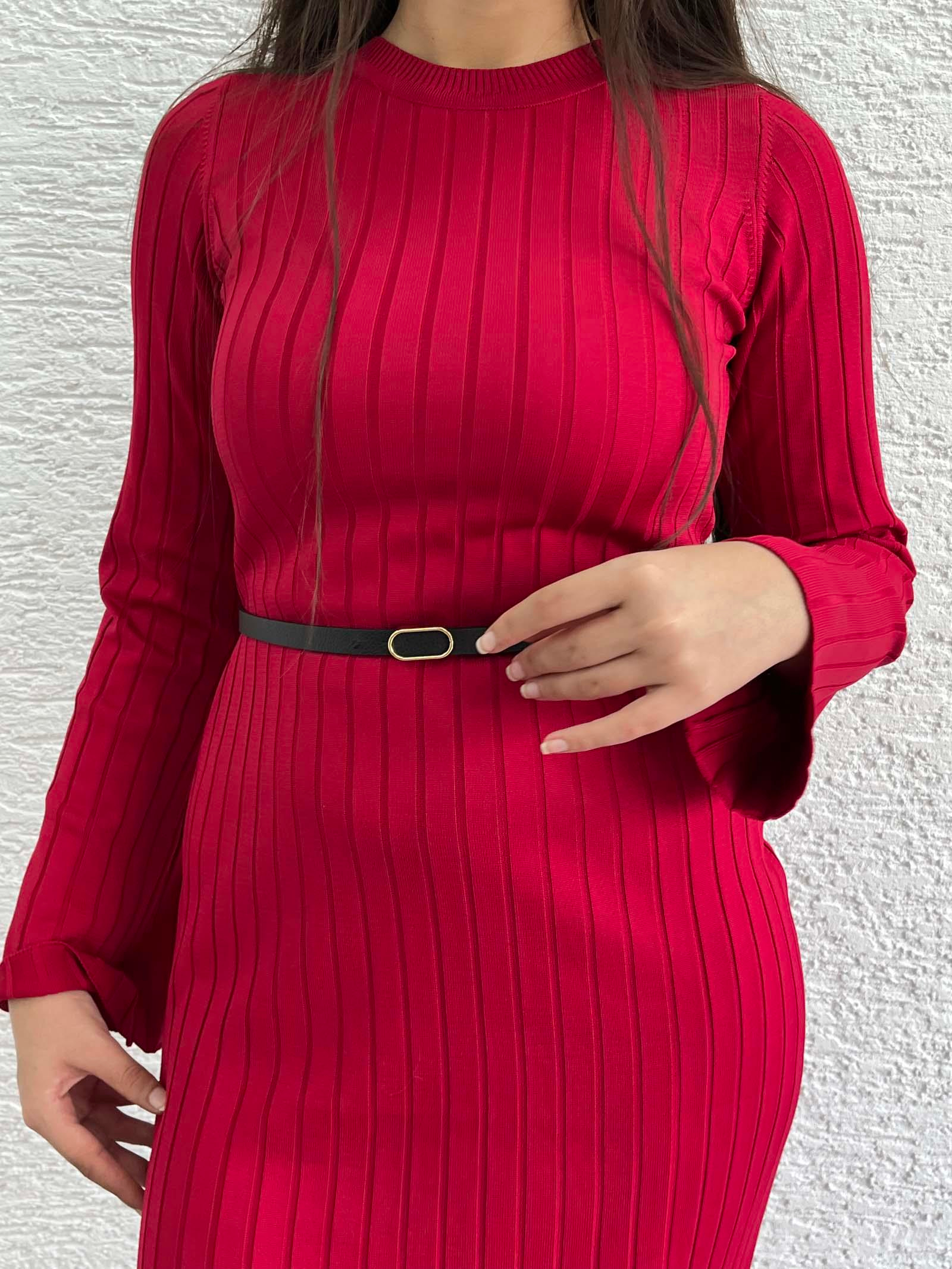 Kırmızı Fitilli Triko Elbise