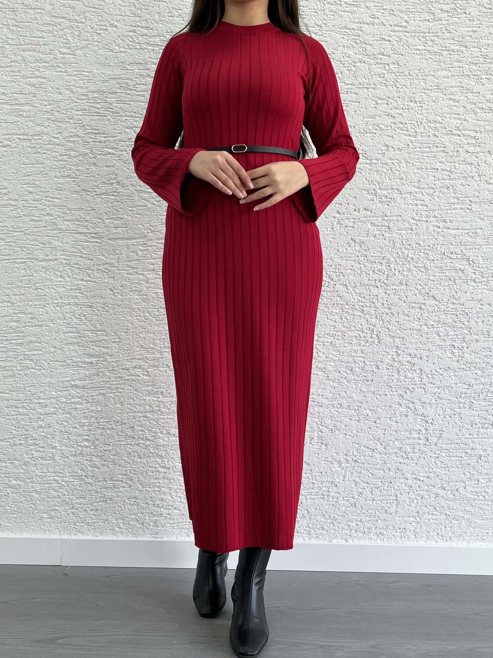 Kırmızı Fitilli Triko Elbise