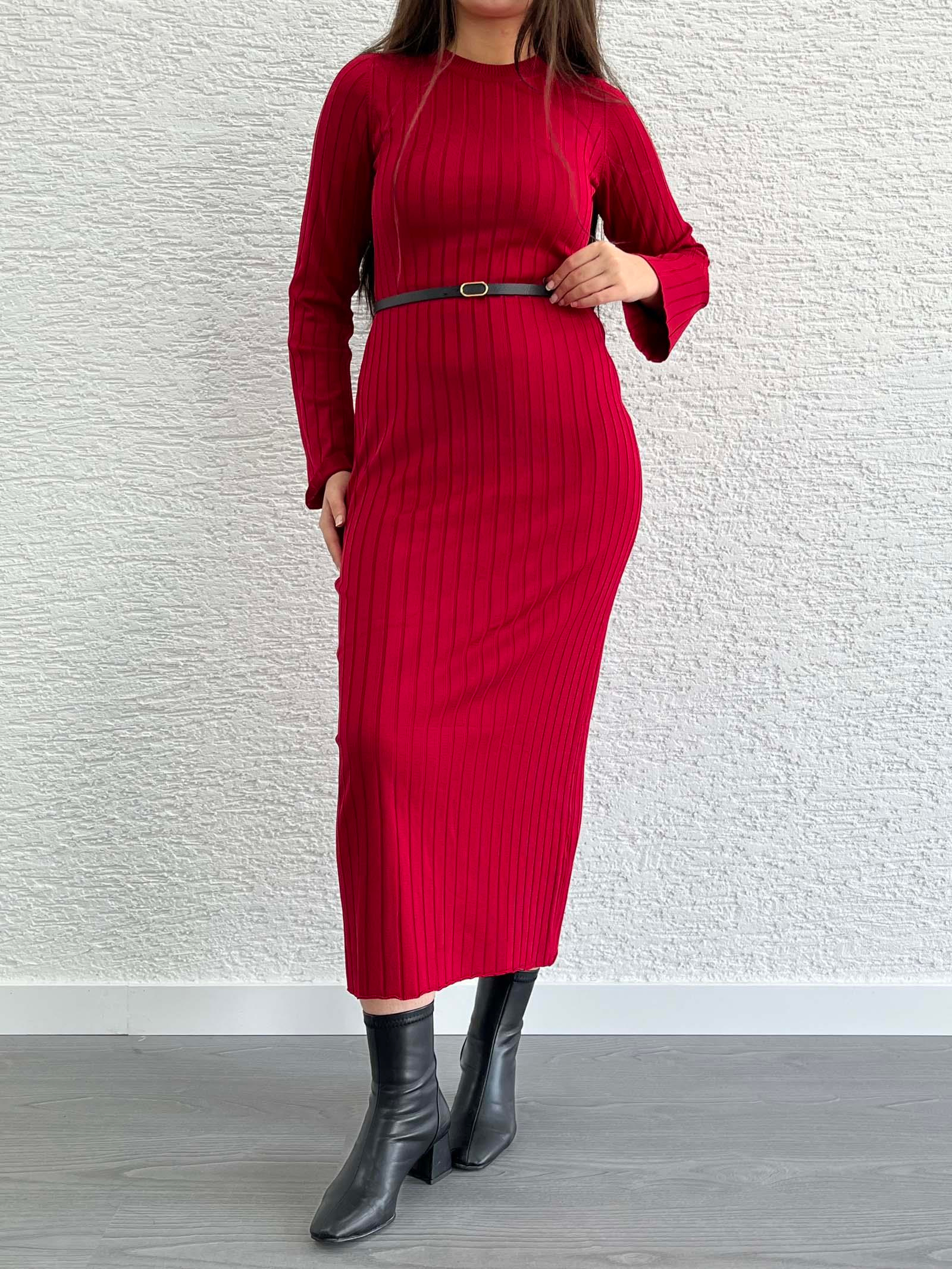 Kırmızı Fitilli Triko Elbise