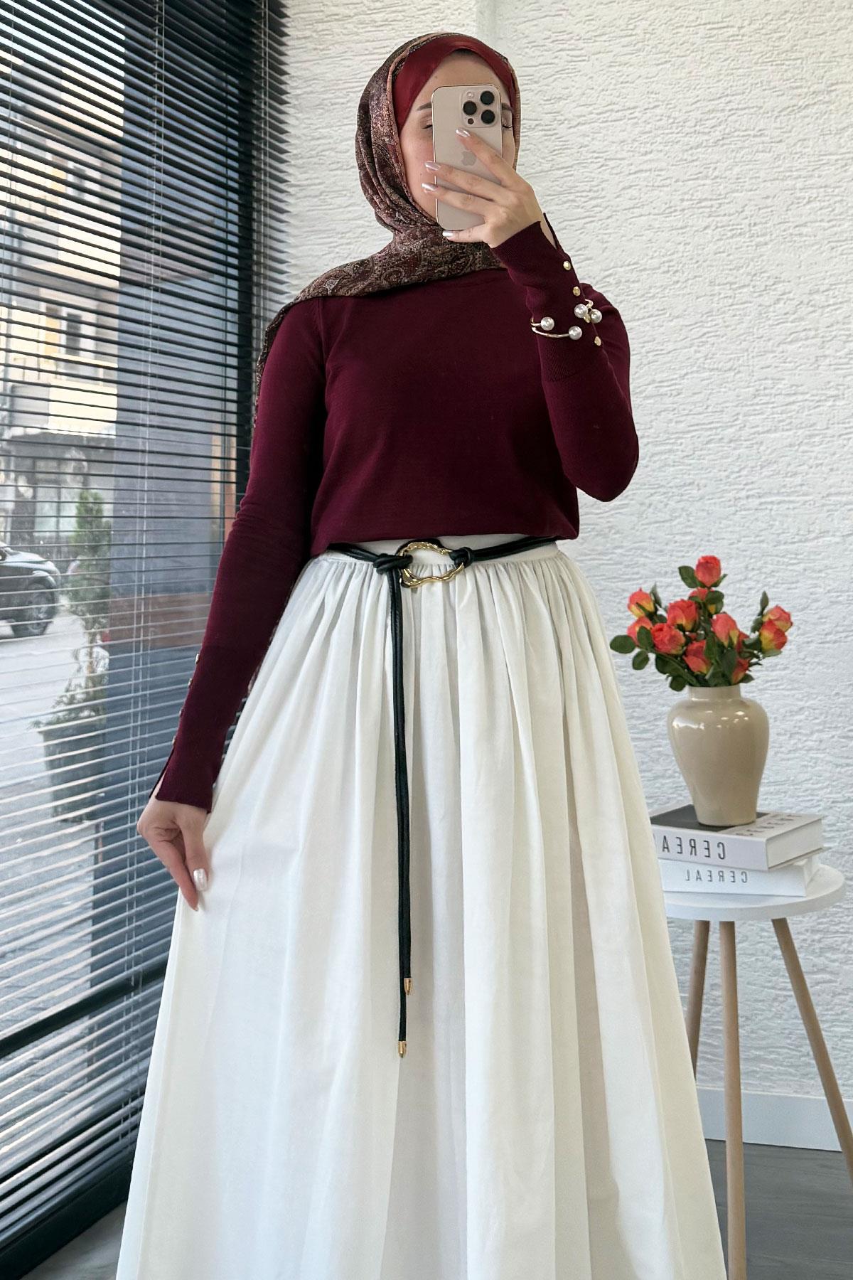 Kolları Düğme Detaylı Kısa Merserize Triko Kazak – Bordo