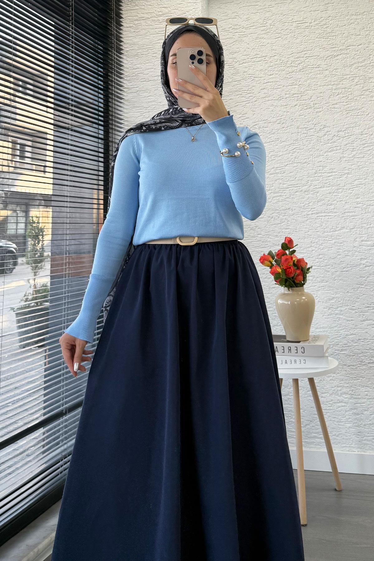 Kolları Düğme Detaylı Kısa Merserize Triko Kazak – Mavi