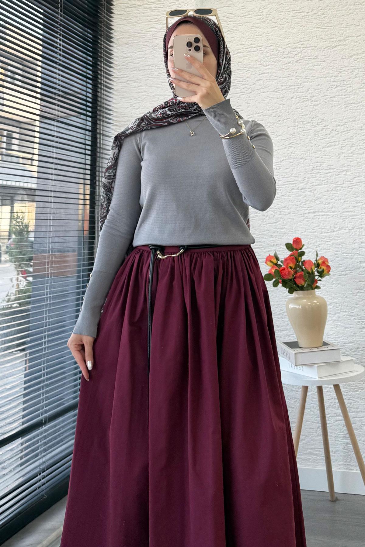Kolları Düğme Detaylı Kısa Merserize Triko Kazak – Gri