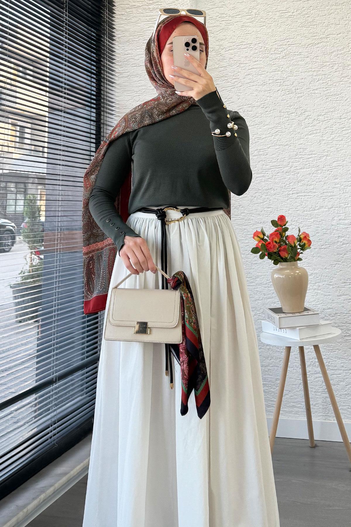 Kolları Düğme Detaylı Kısa Merserize Triko Kazak – Haki