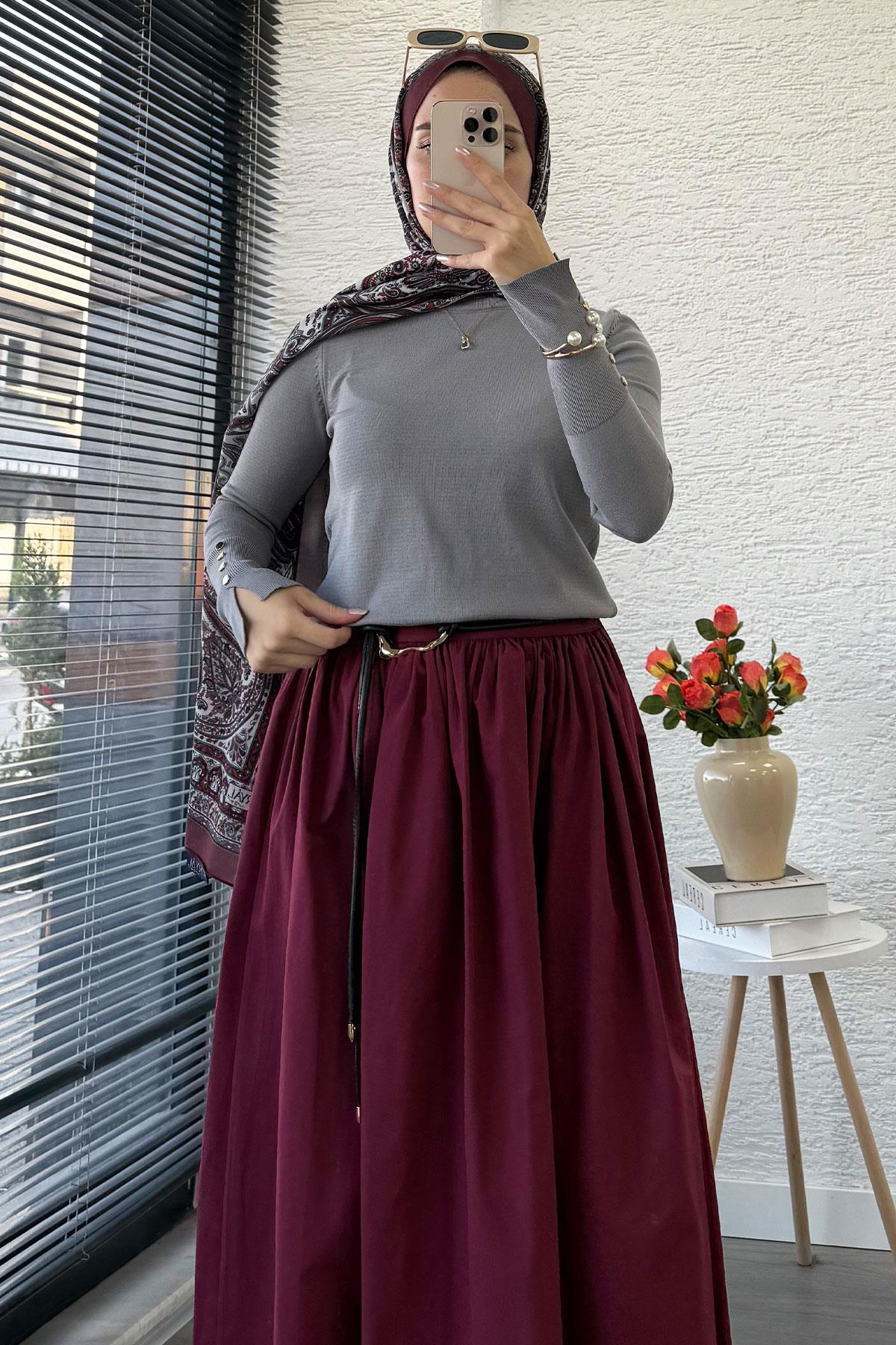 Kolları Düğme Detaylı Kısa Merserize Triko Kazak – Gri