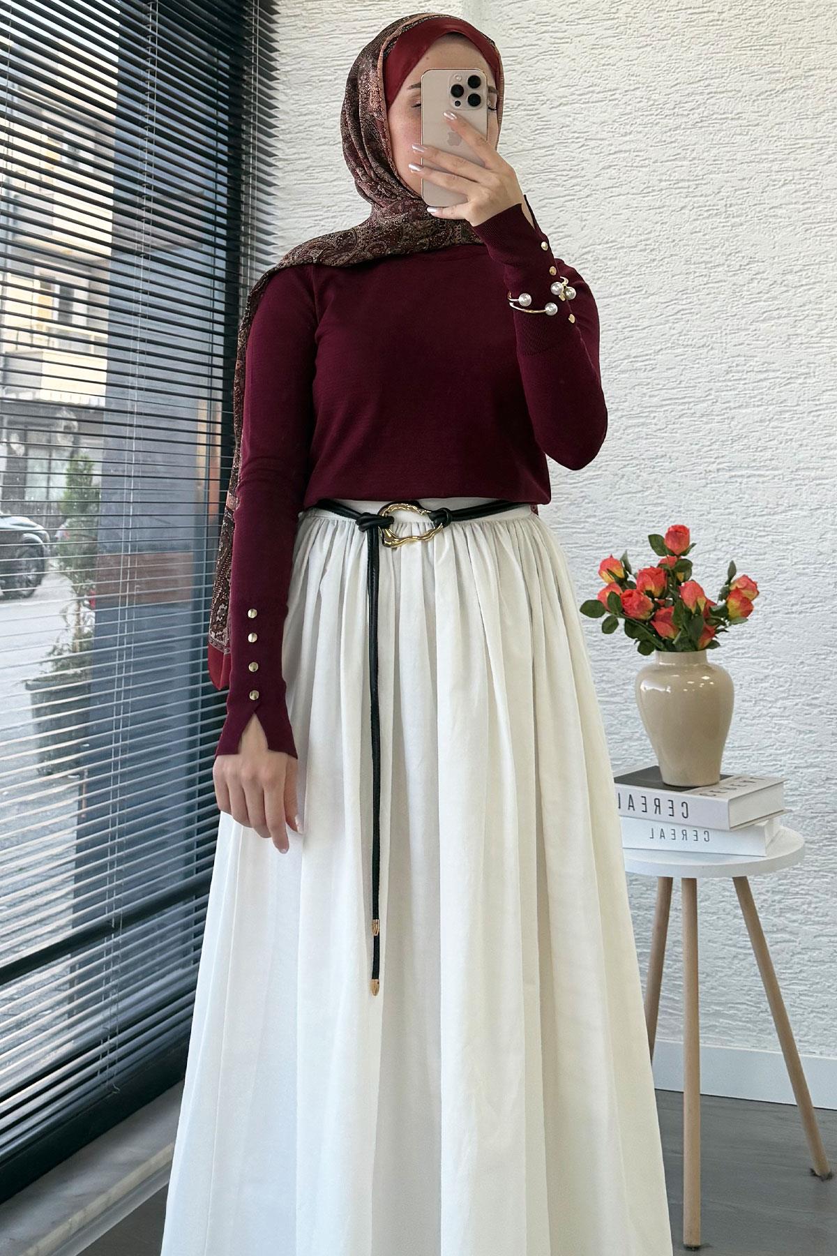 Kolları Düğme Detaylı Kısa Merserize Triko Kazak – Bordo