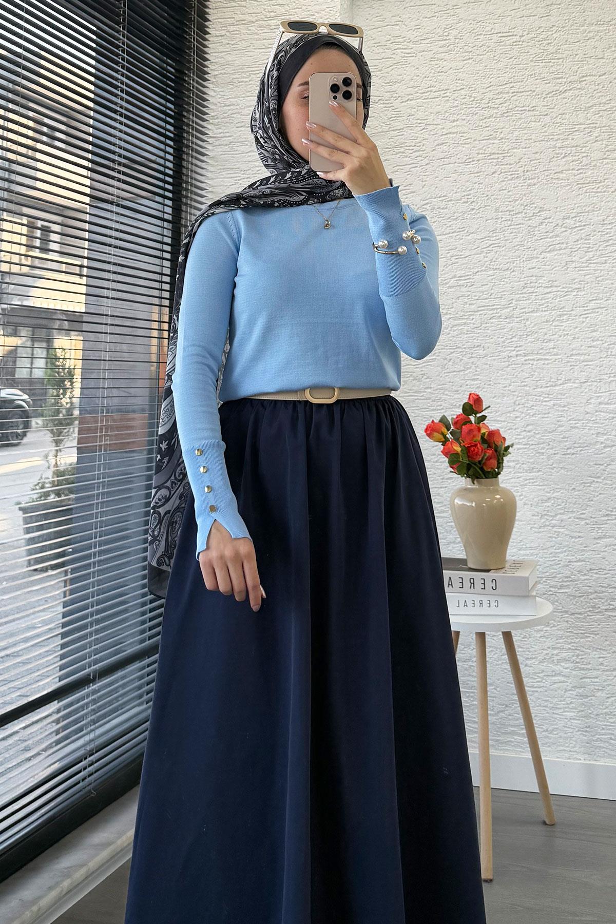 Kolları Düğme Detaylı Kısa Merserize Triko Kazak – Mavi