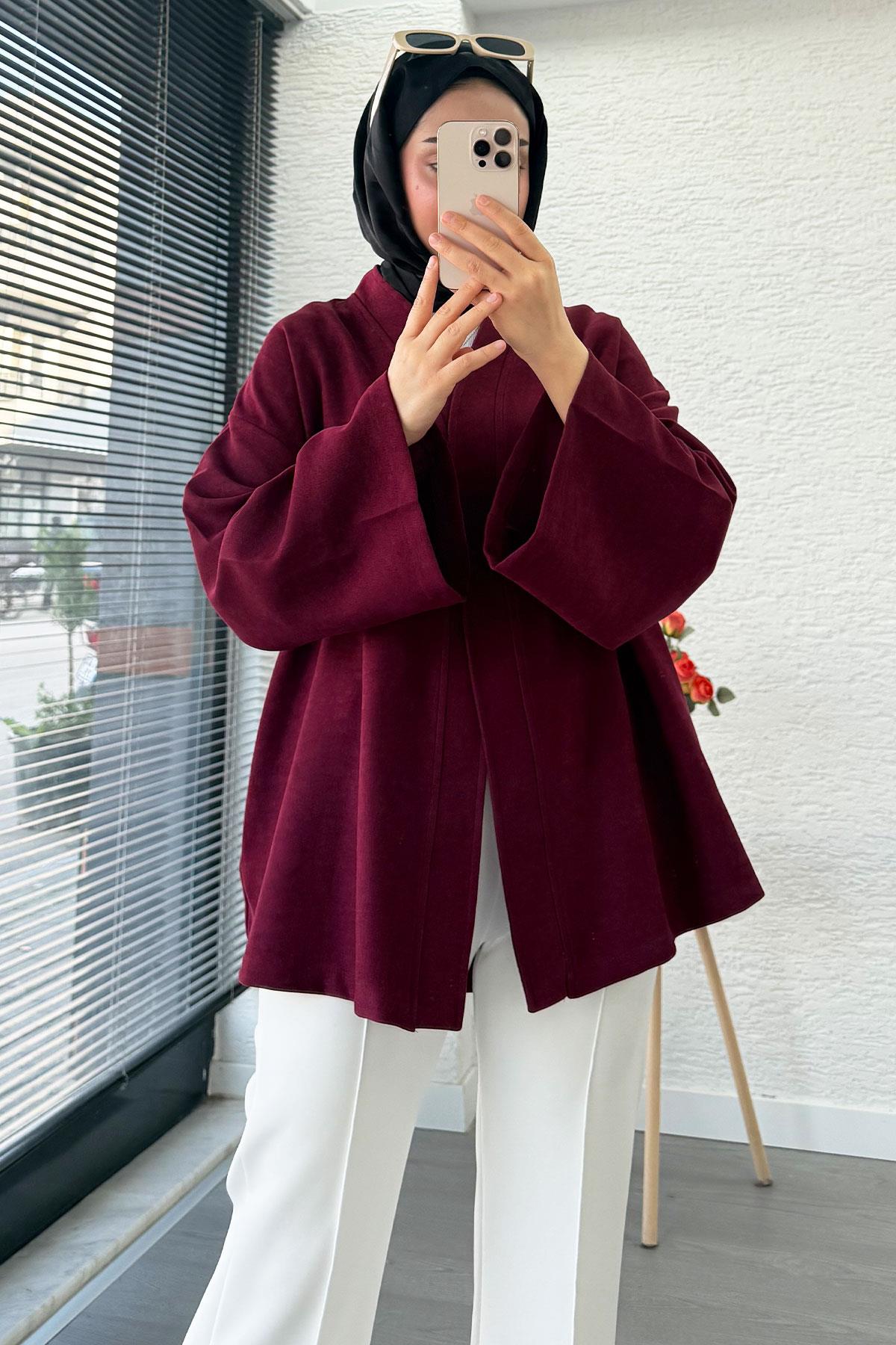 Kolları Volan Detaylı Premium Gabardin Kısa Kimono – Bordo