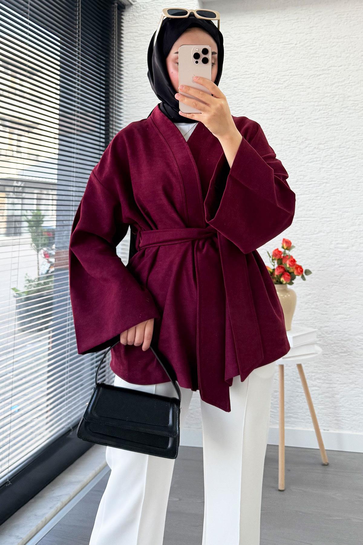 Kolları Volan Detaylı Premium Gabardin Kısa Kimono – Bordo