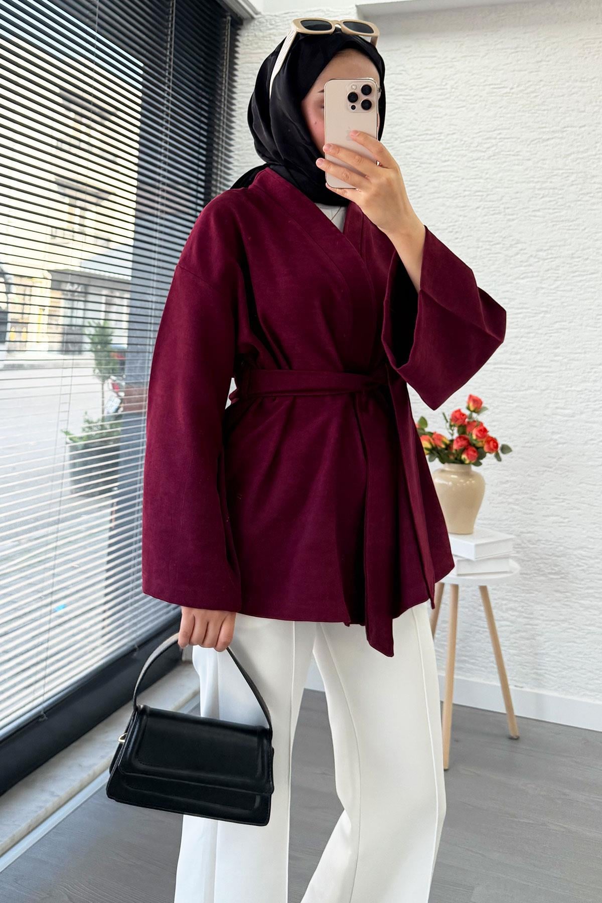 Kolları Volan Detaylı Premium Gabardin Kısa Kimono – Bordo