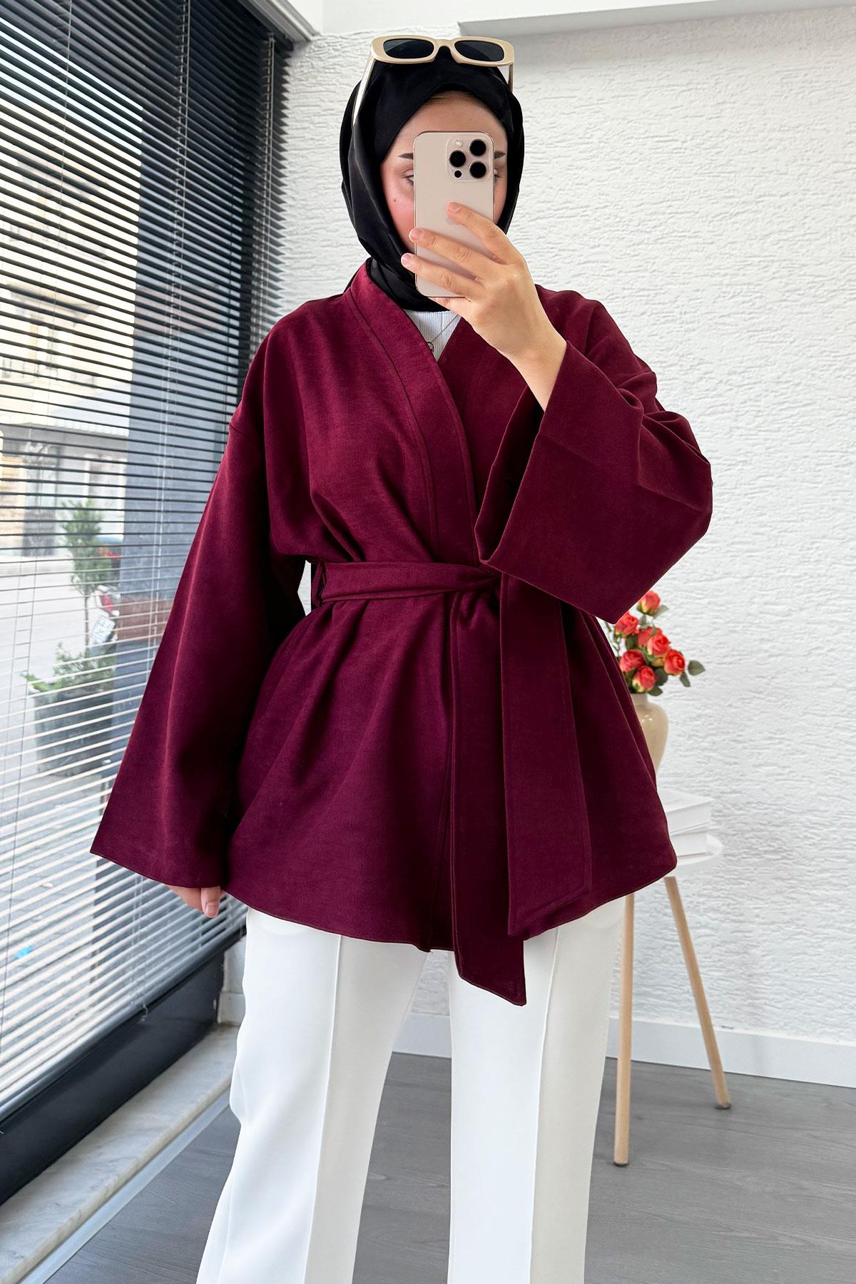 Kolları Volan Detaylı Premium Gabardin Kısa Kimono – Bordo