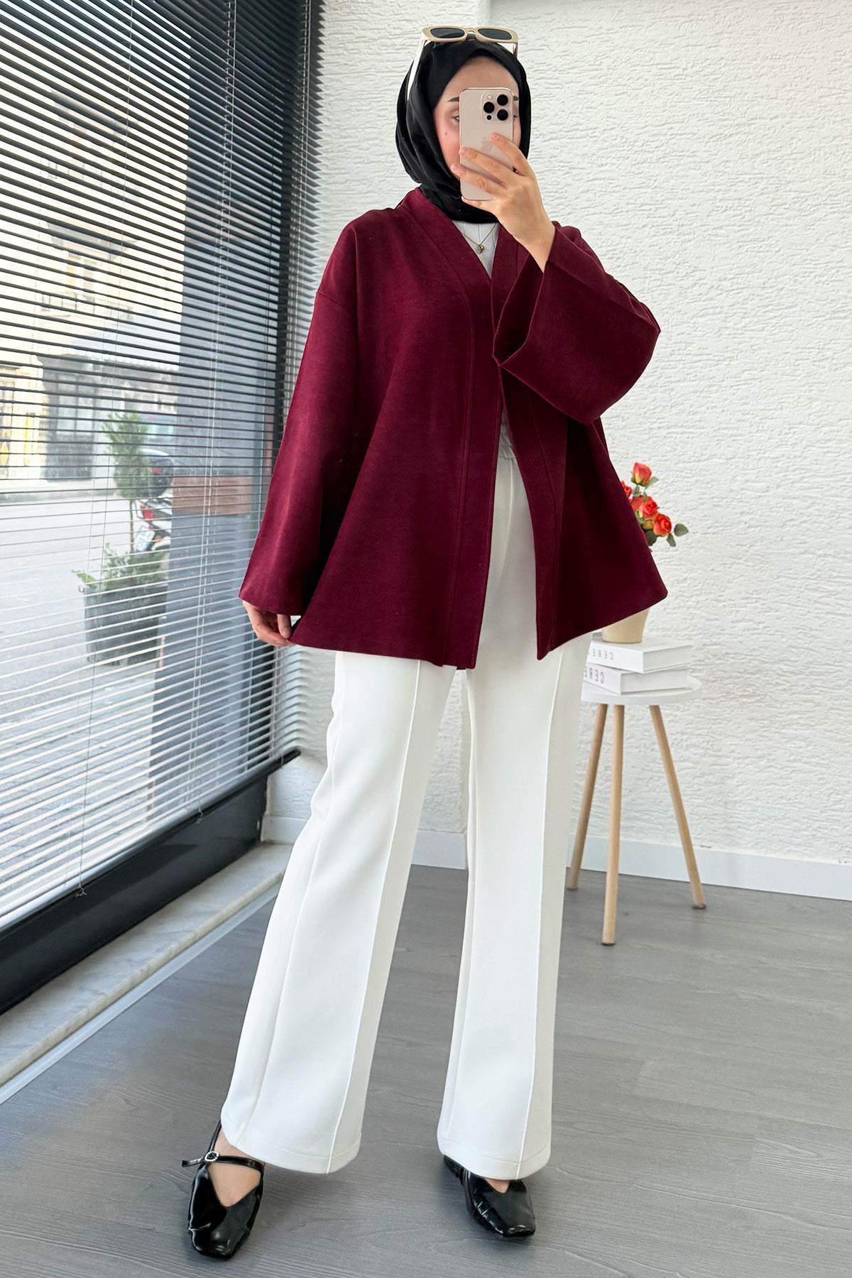 Kolları Volan Detaylı Premium Gabardin Kısa Kimono – Bordo