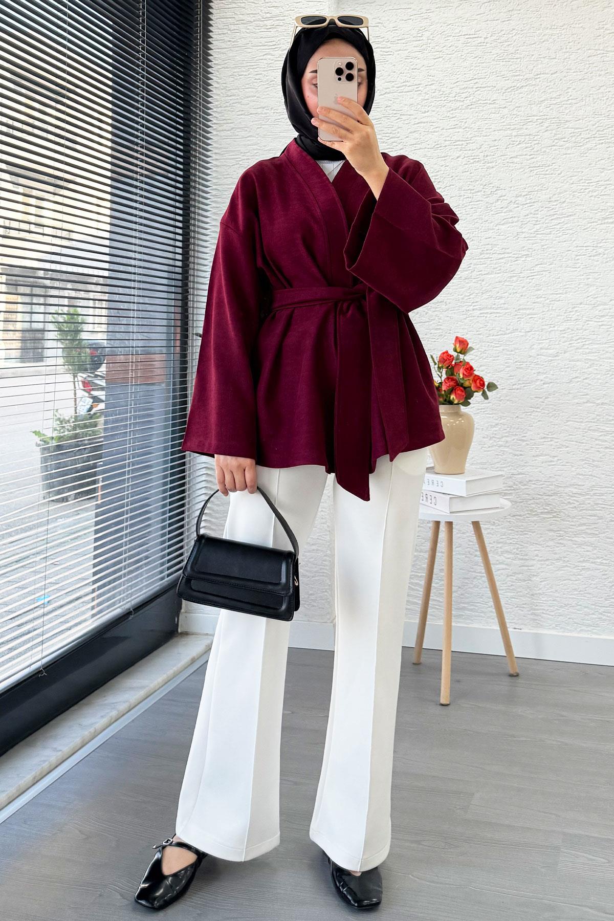 Kolları Volan Detaylı Premium Gabardin Kısa Kimono – Bordo