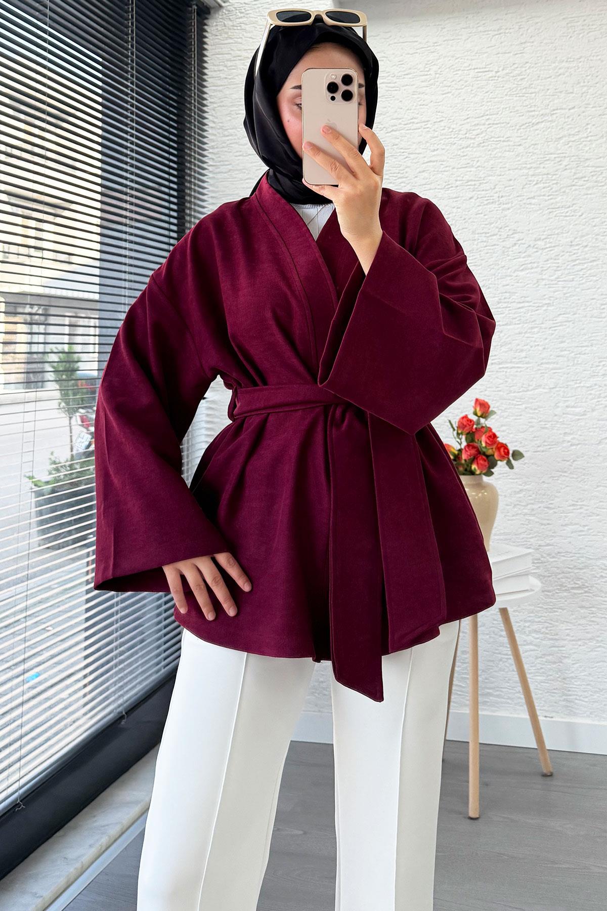 Kolları Volan Detaylı Premium Gabardin Kısa Kimono – Bordo