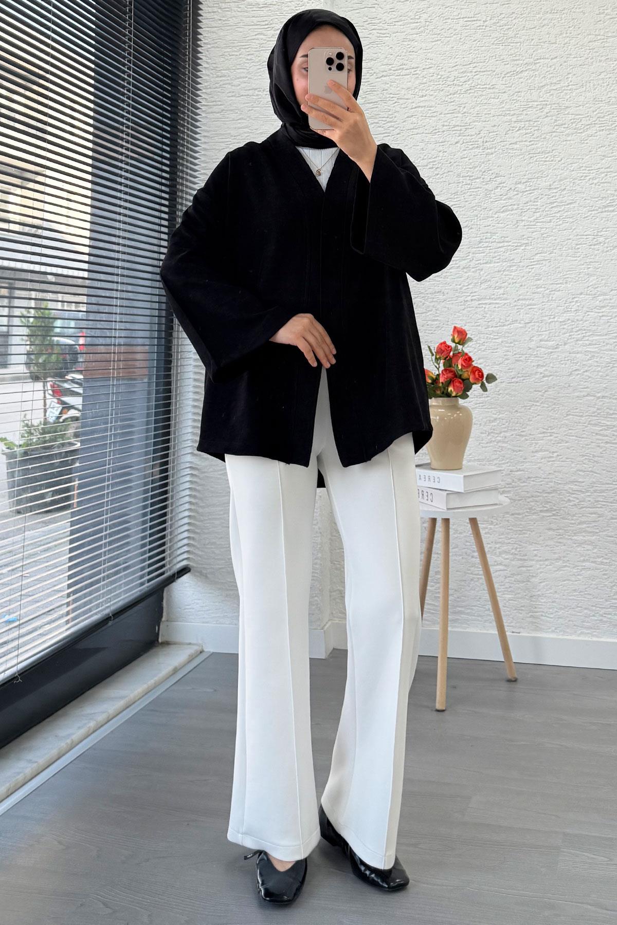 Kolları Volan Detaylı Premium Gabardin Kısa Kimono – Siyah
