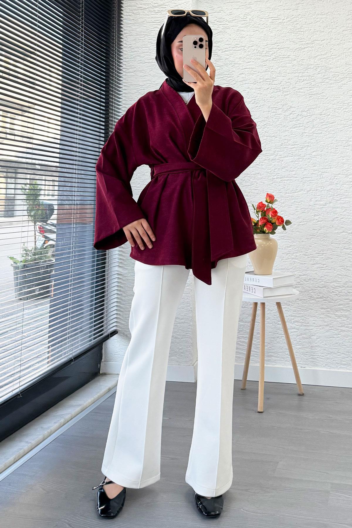 Kolları Volan Detaylı Premium Gabardin Kısa Kimono – Bordo