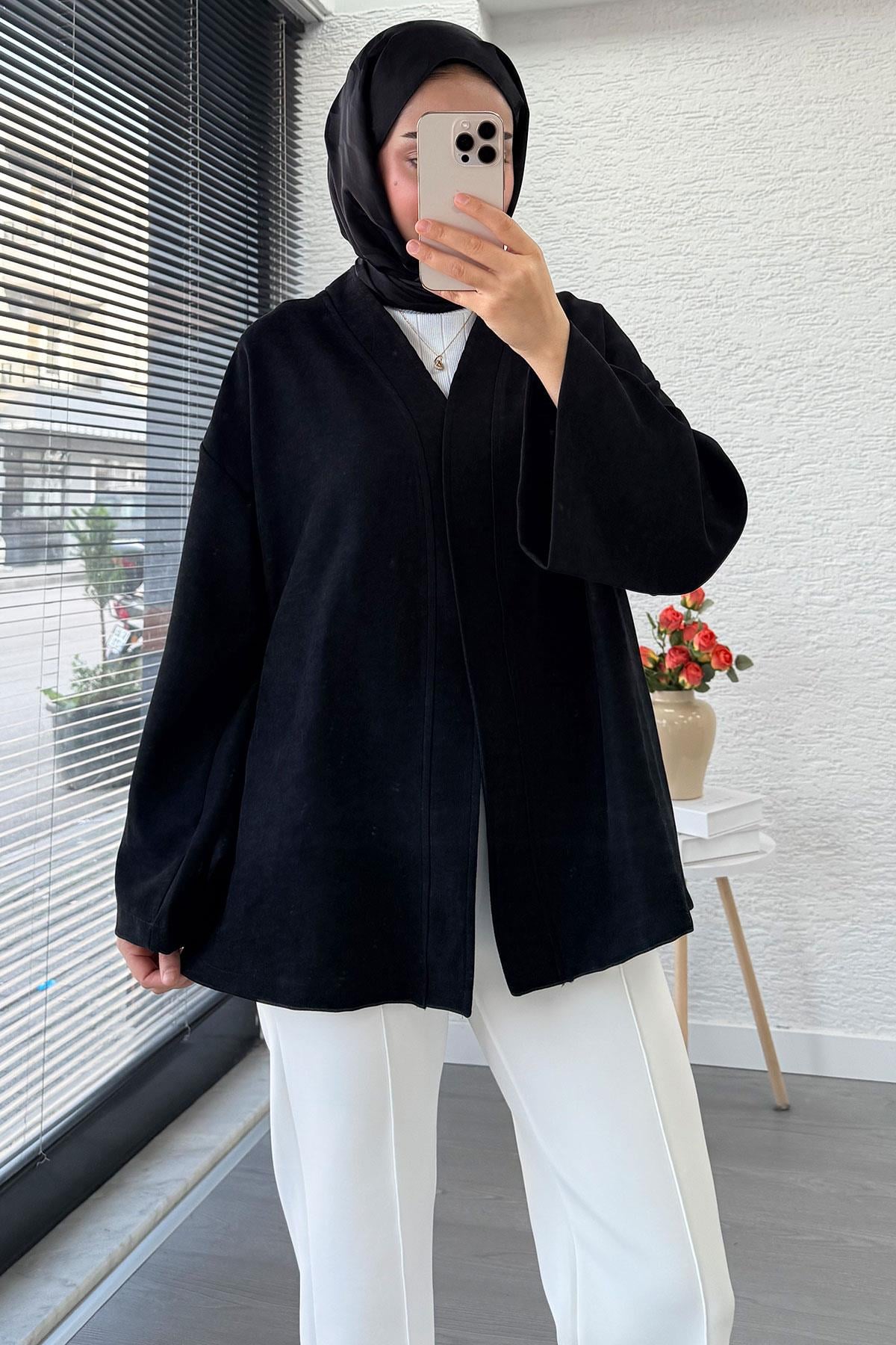 Kolları Volan Detaylı Premium Gabardin Kısa Kimono – Siyah