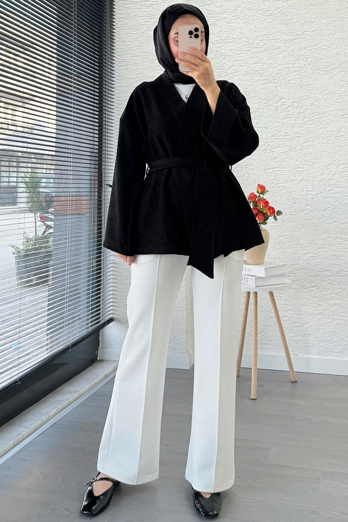 Kolları Volan Detaylı Premium Gabardin Kısa Kimono – Siyah