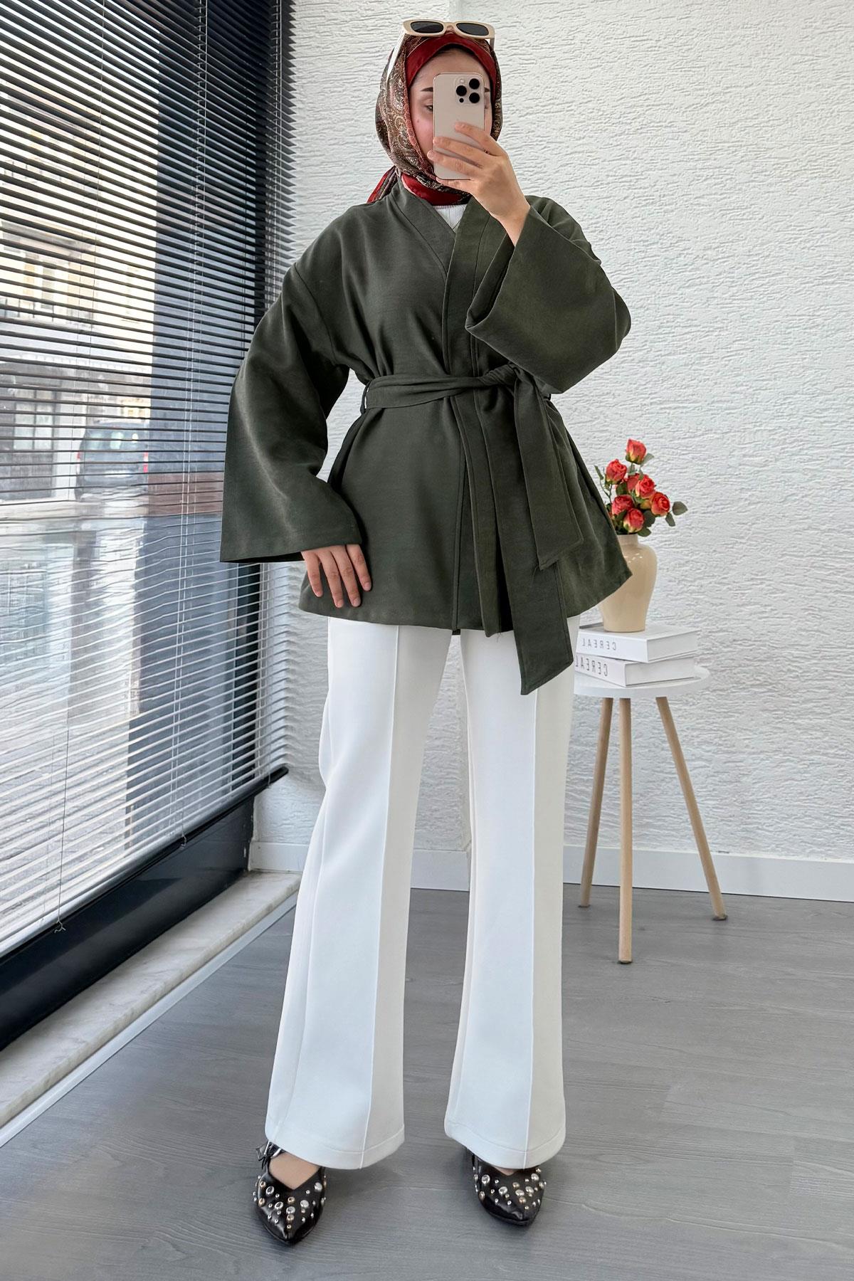 Kolları Volan Detaylı Premium Gabardin Kısa Kimono – Haki