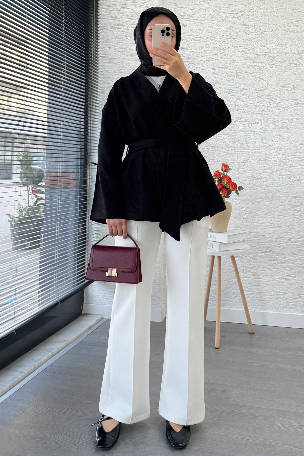 Kolları Volan Detaylı Premium Gabardin Kısa Kimono – Siyah