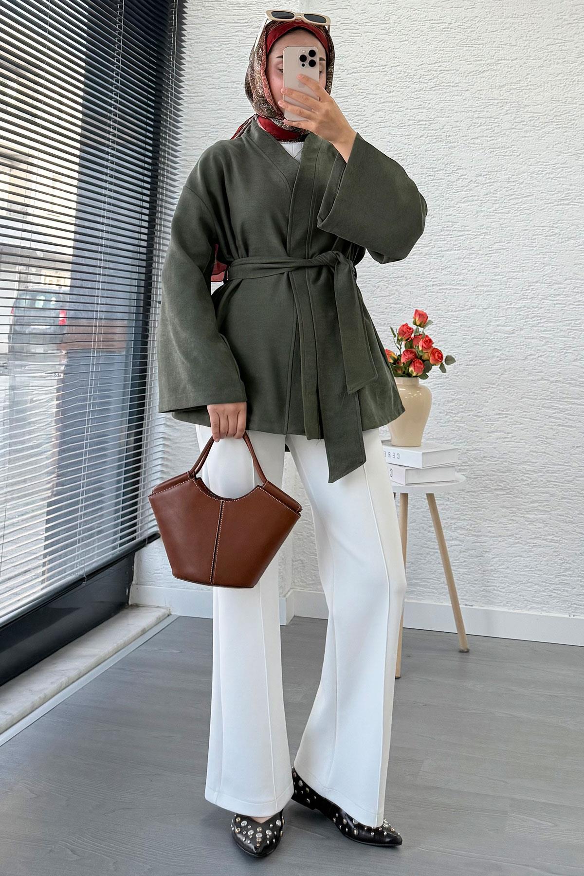 Kolları Volan Detaylı Premium Gabardin Kısa Kimono – Haki