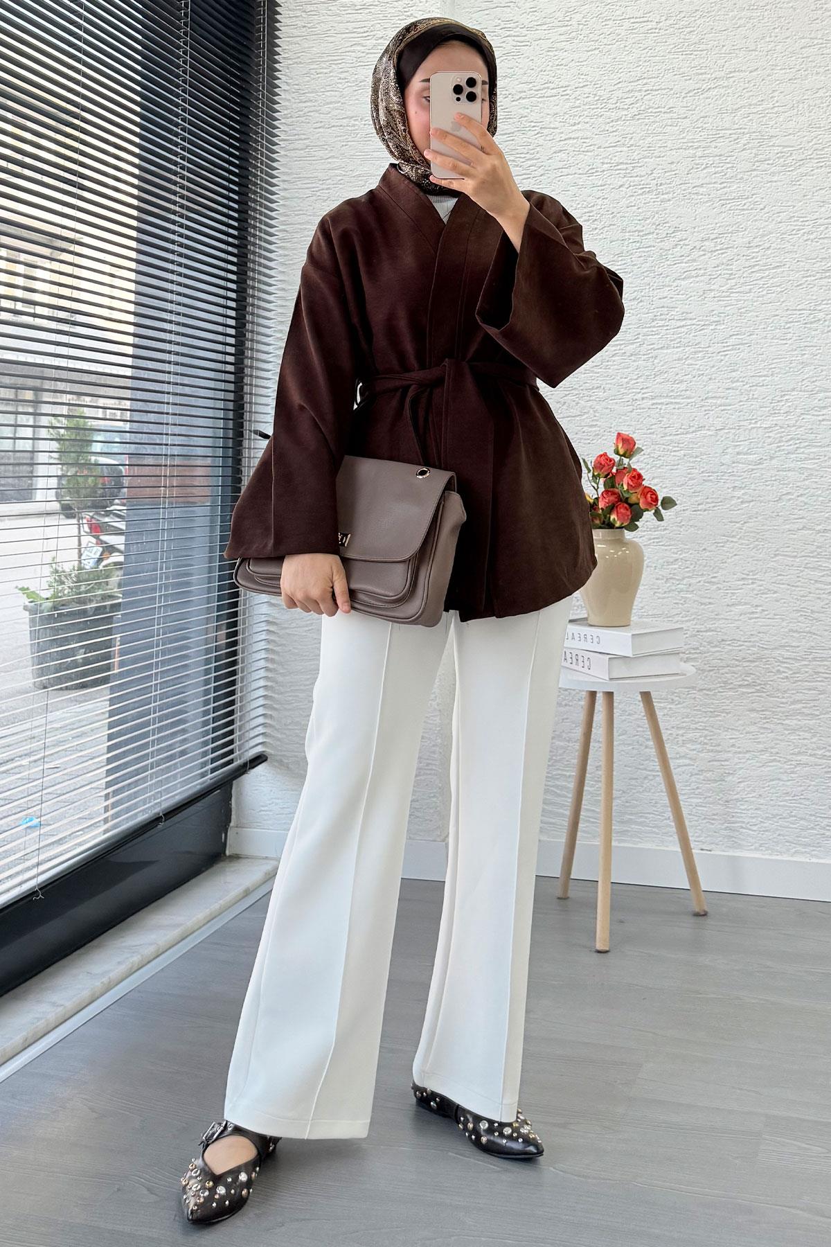 Kolları Volan Detaylı Premium Gabardin Kısa Kimono – Kahverengi