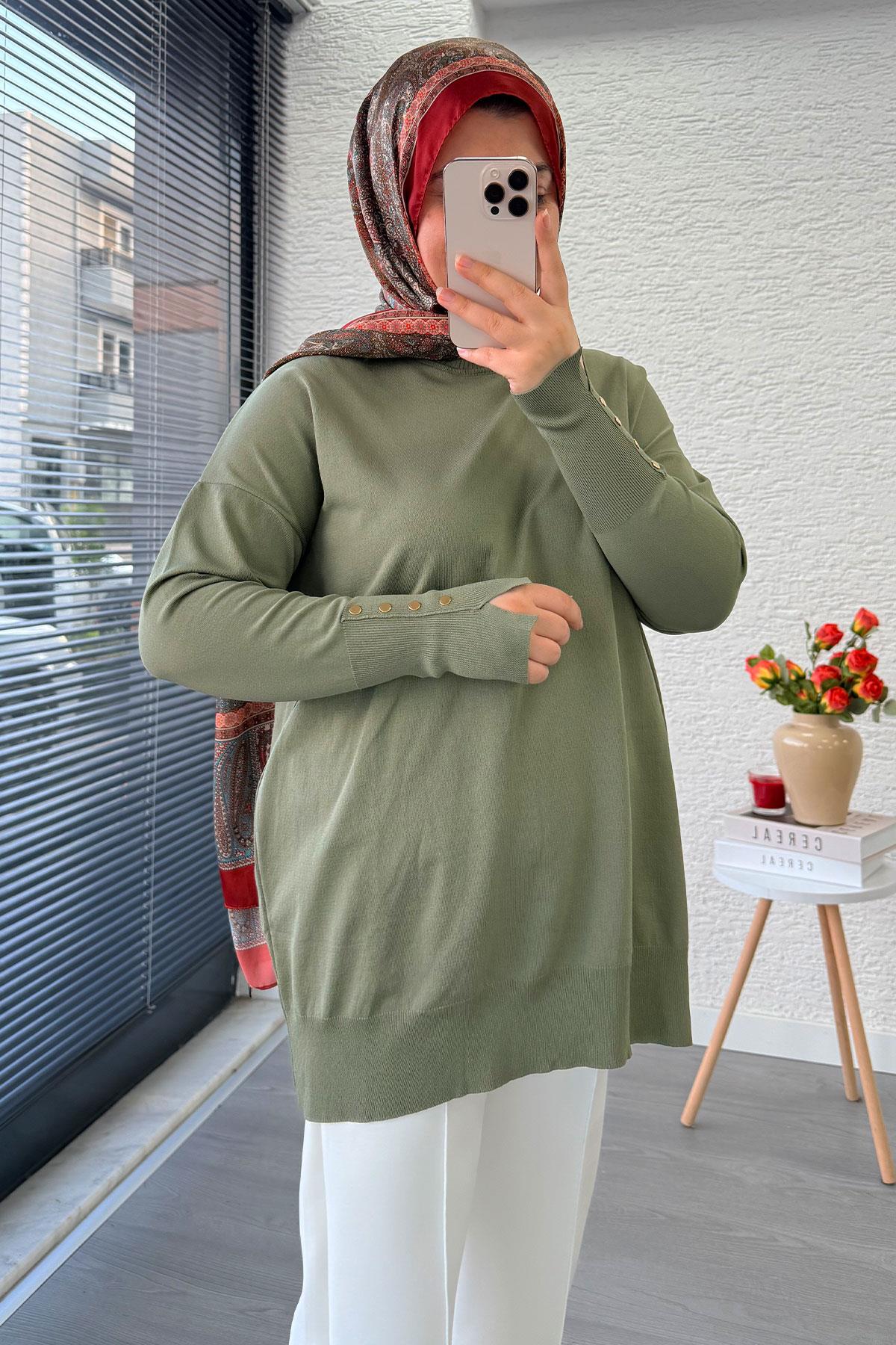 Kolu Düğme Detaylı Merserize Kadın Tunik – Haki
