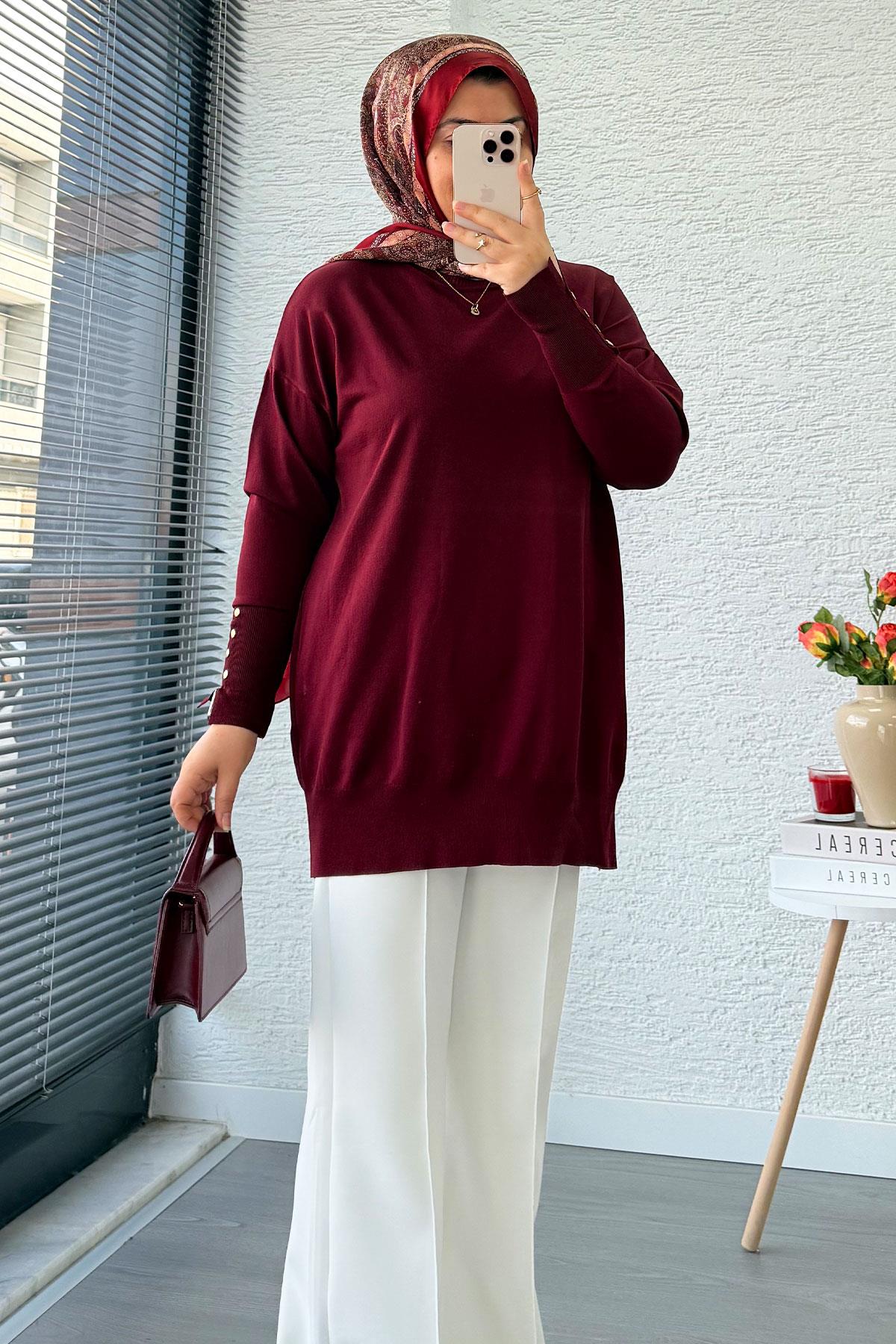 Kolu Düğme Detaylı Merserize Kadın Tunik – Bordo