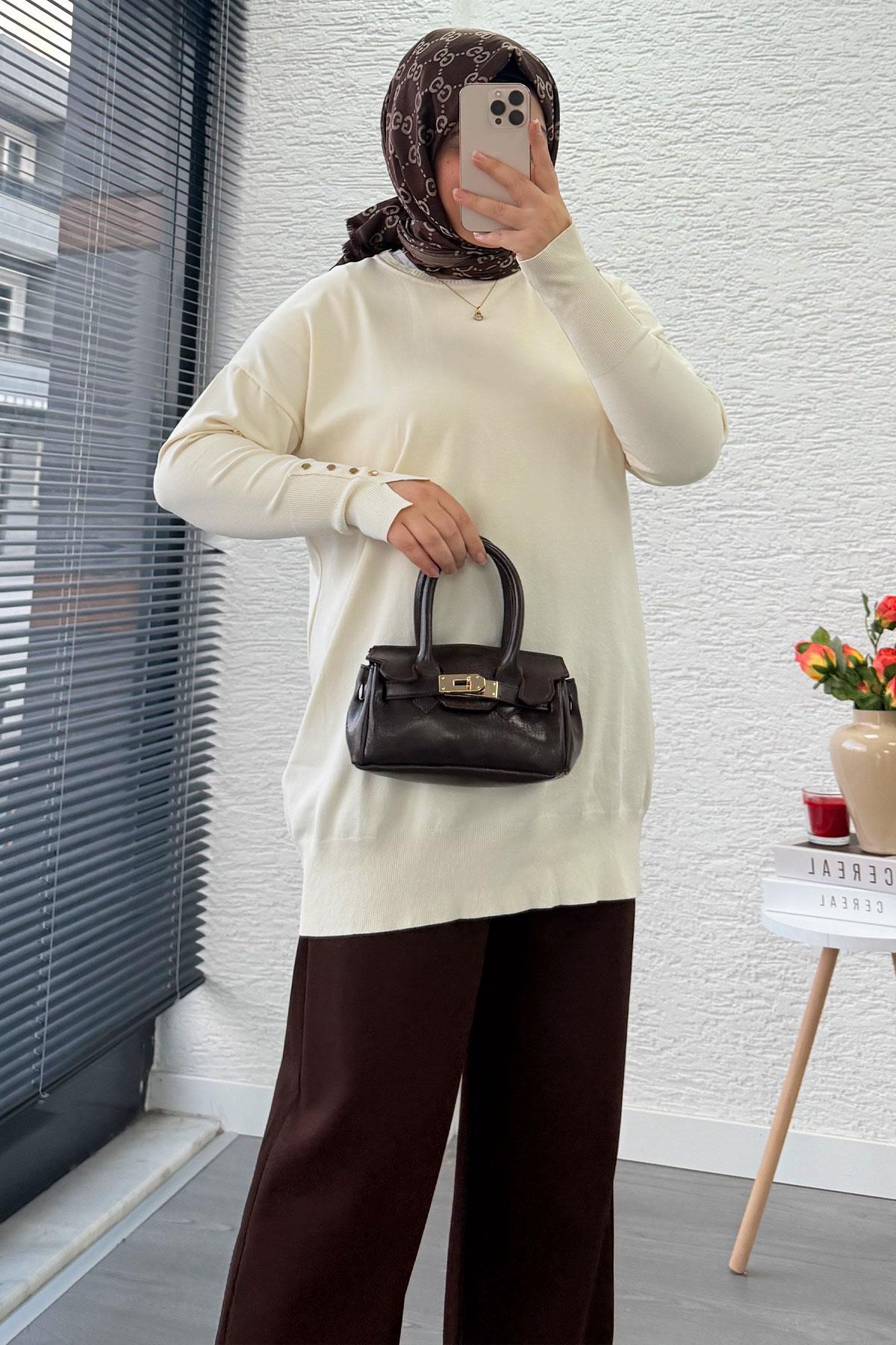 Kolu Düğme Detaylı Merserize Kadın Tunik –Ekru