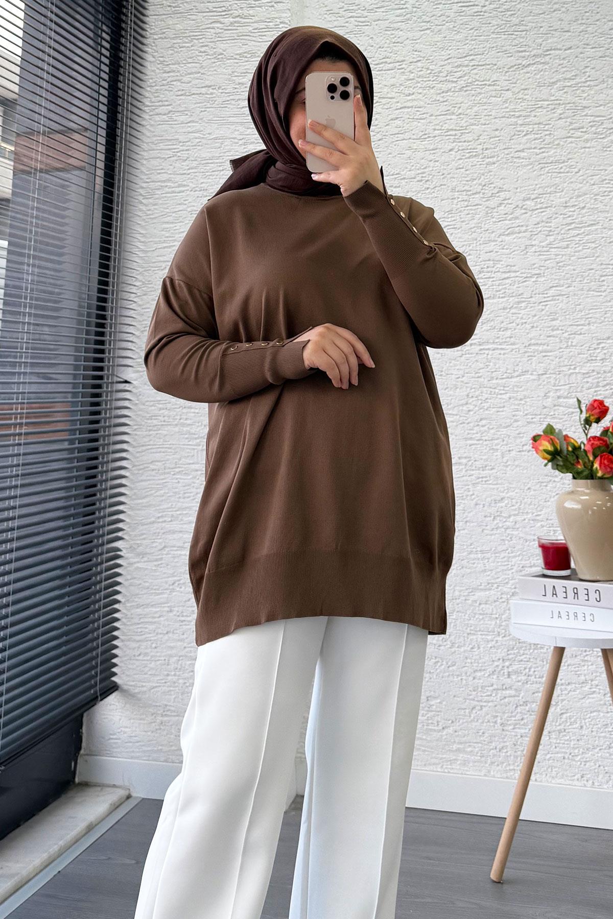 Kolu Düğme Detaylı Merserize Kadın Tunik – Kahverengi
